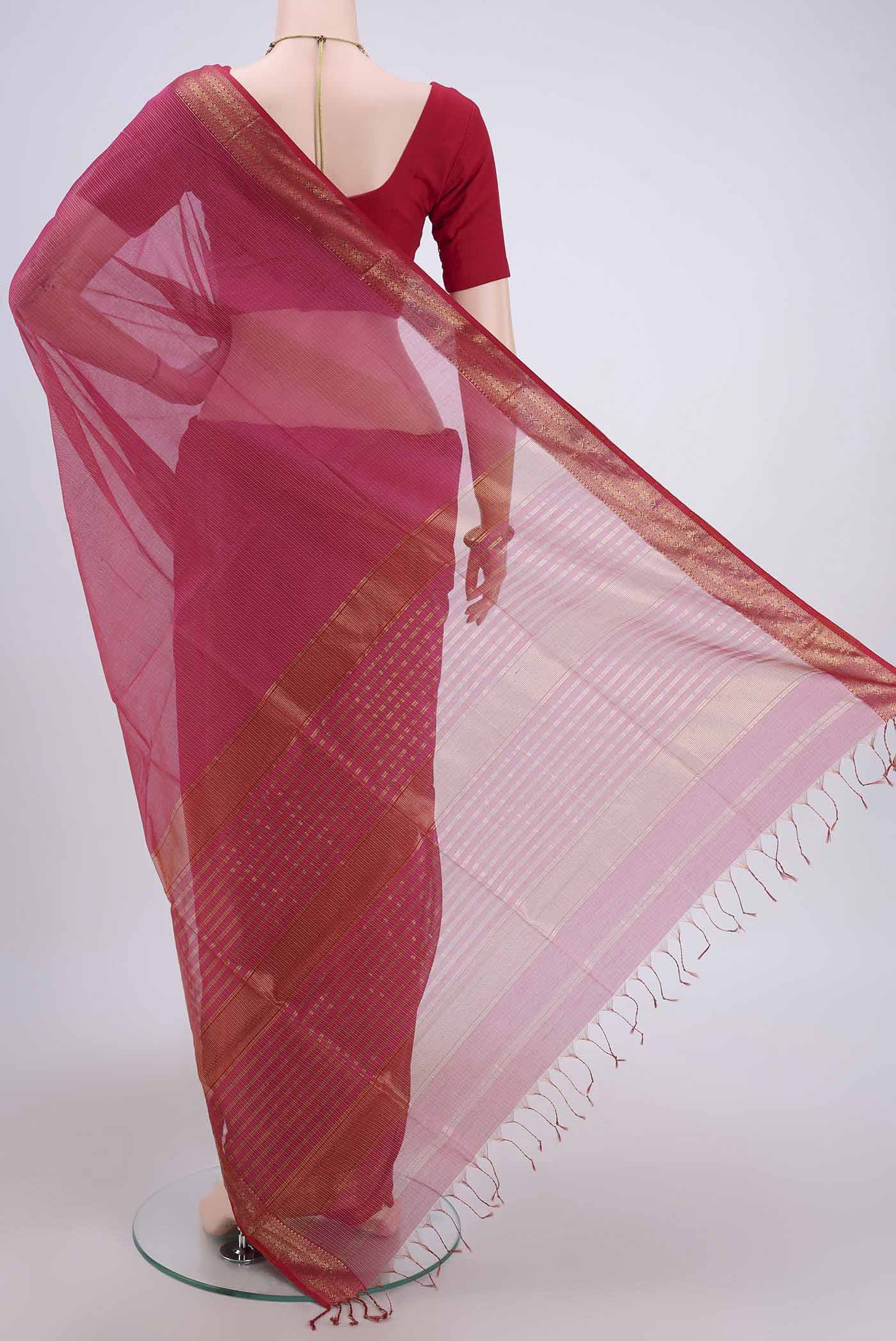 Dark Pink Maheshwari Silk Cotton Saree - Image 3