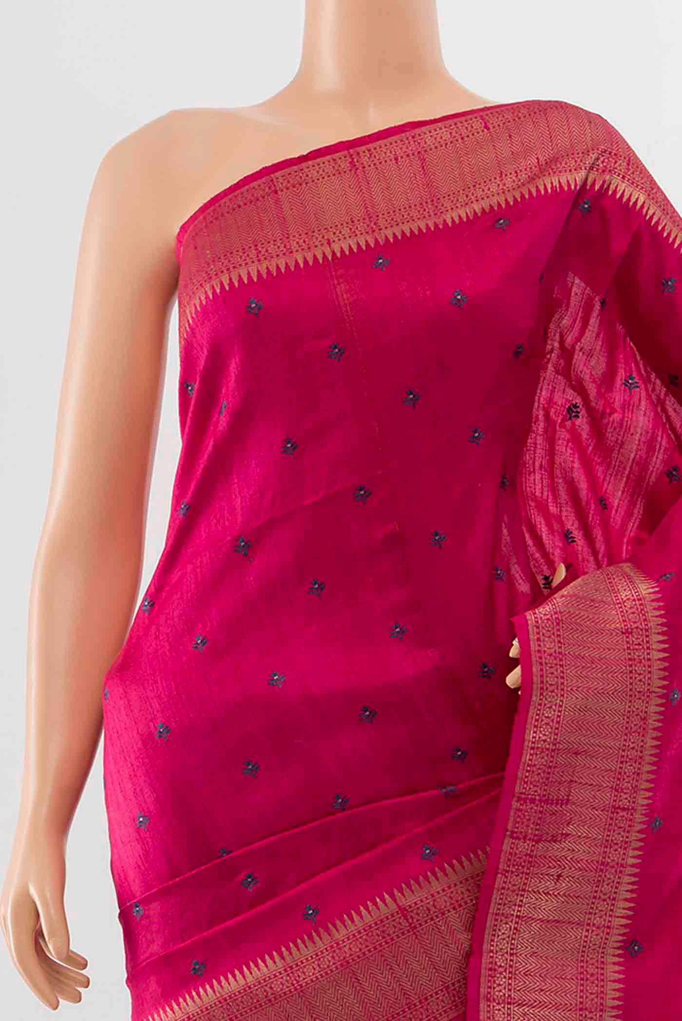 Dark Pink Tussar Silk Saree - Image 2
