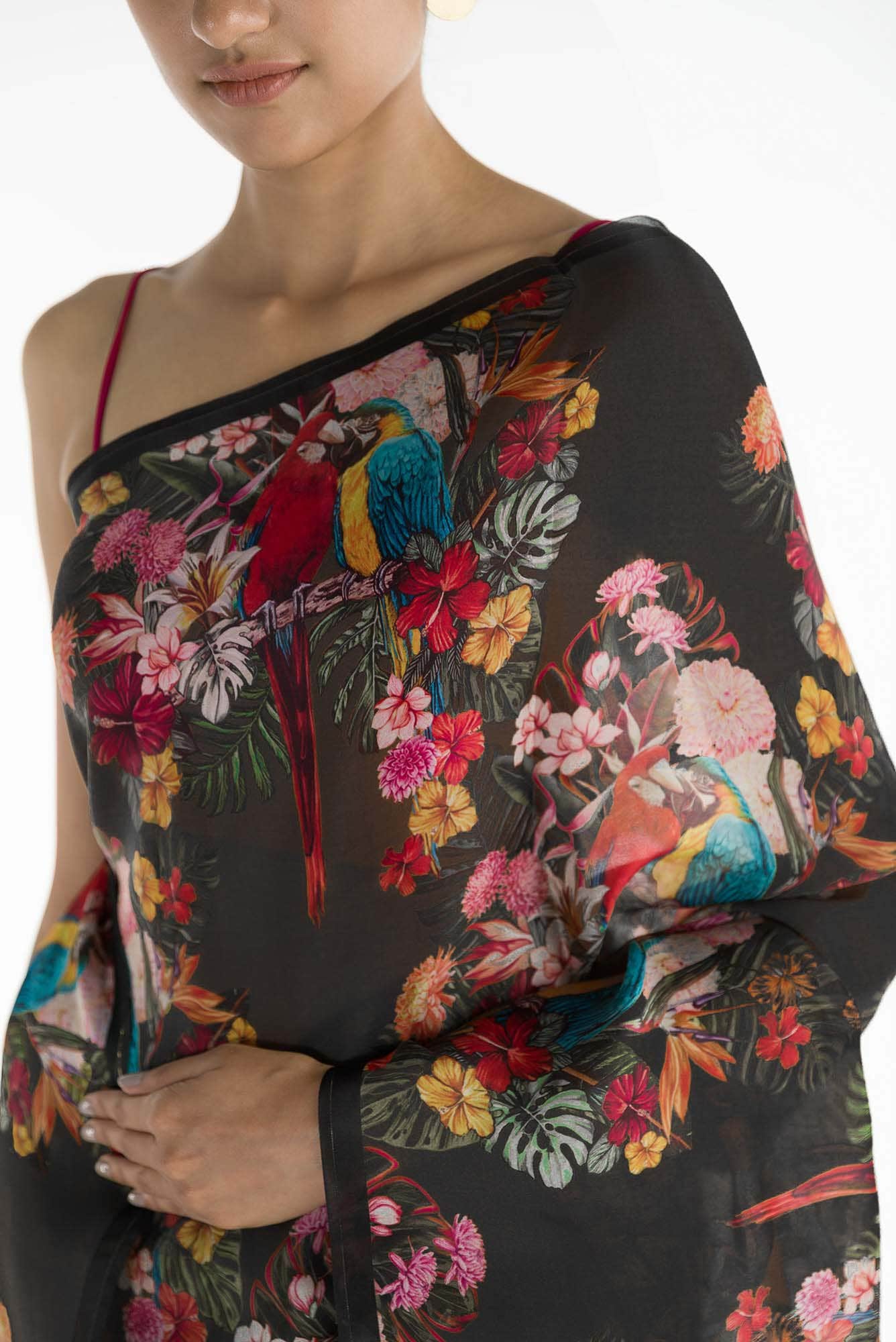 Lover Macaws Dark Teal Satin Organza Saree - Image 3