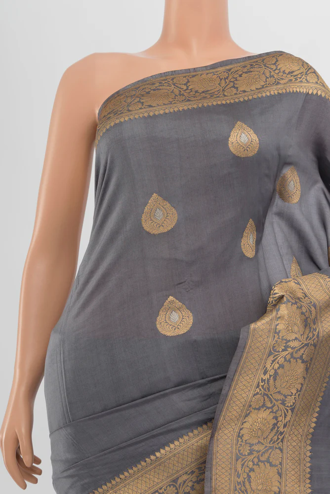 Davys Grey Banarasi Katan Silk Saree - Image 2