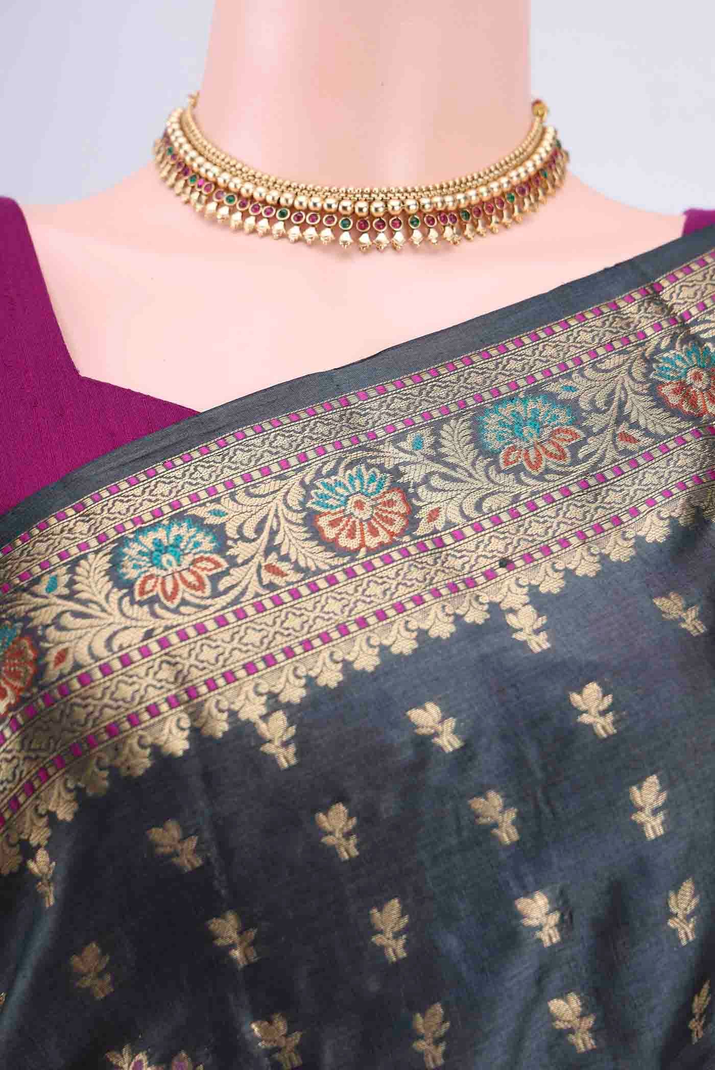 Davys Grey Banarasi Tussar Silk Saree - Image 2