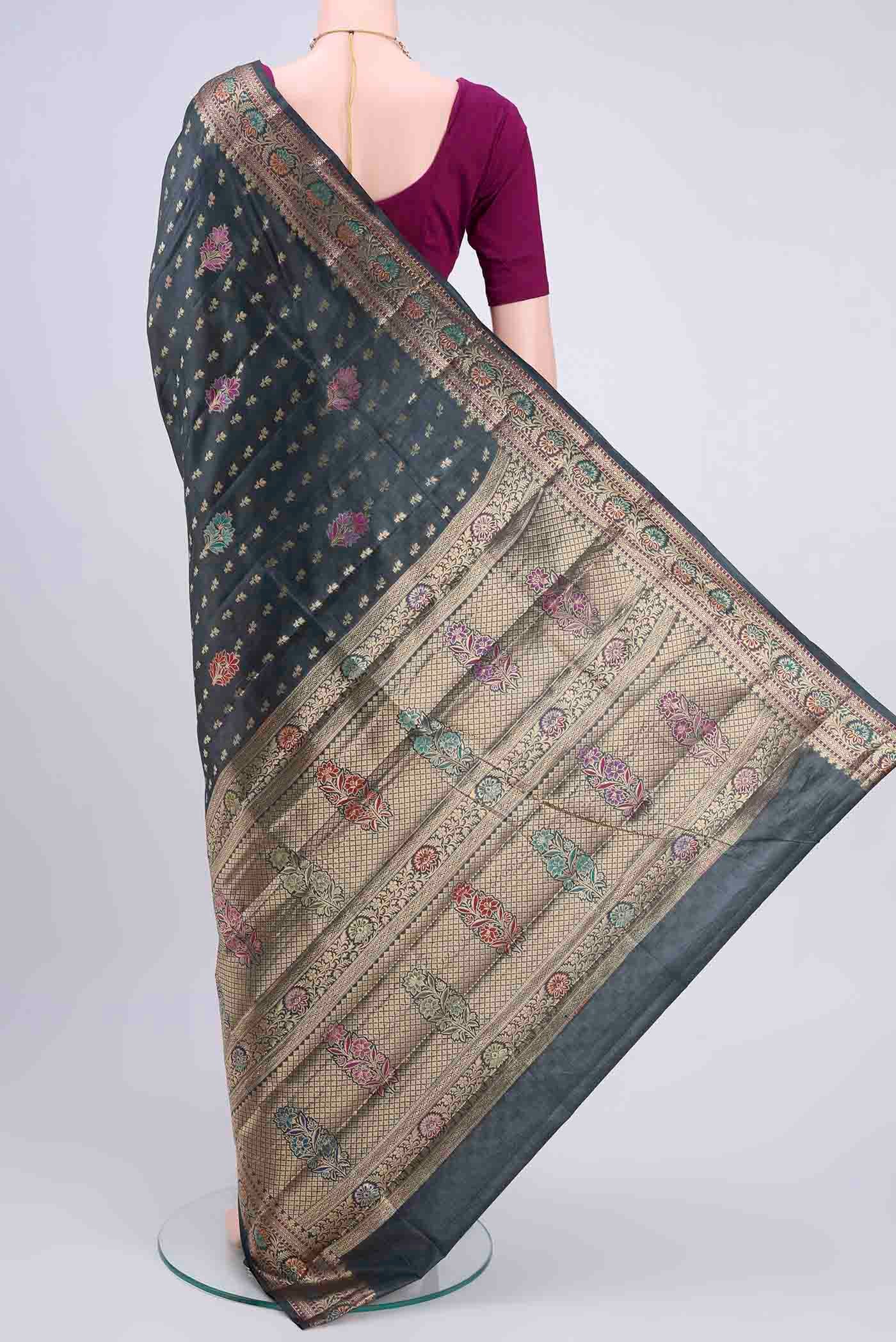 Davys Grey Banarasi Tussar Silk Saree - Image 3