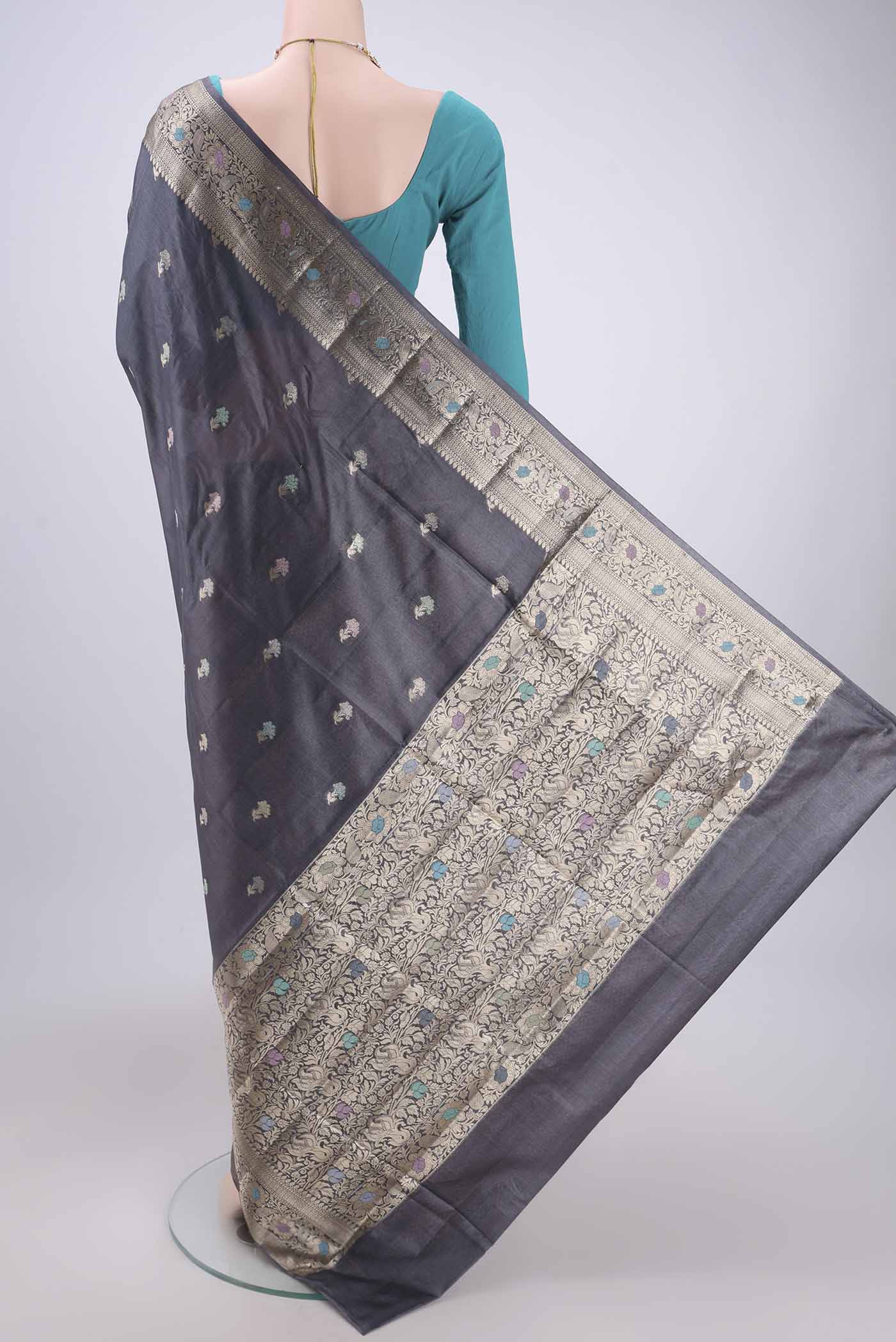 Davys Grey Banarasi Tussar Silk Saree - Image 3