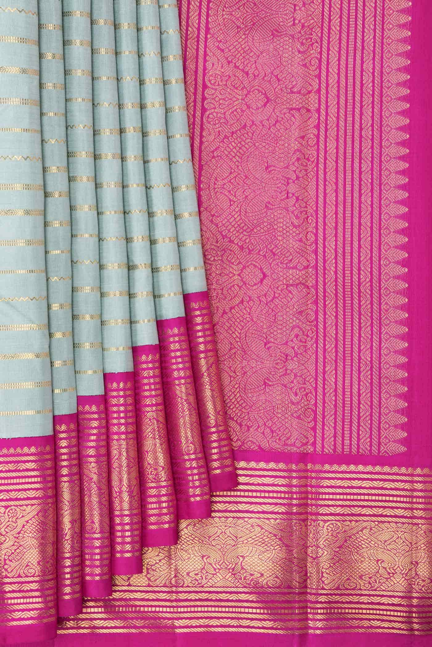 Pure Silk Pure Zari Davys Grey Kanchipuram Saree - Image 2