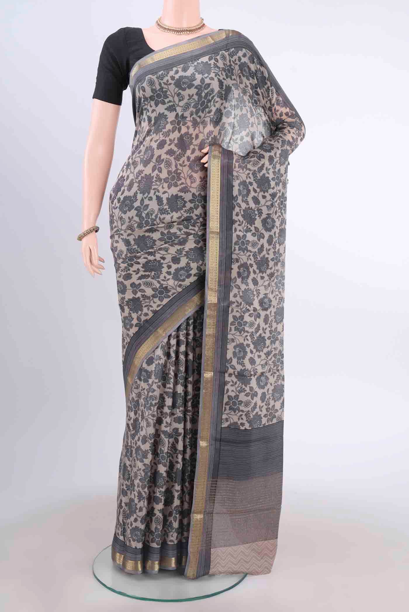 Davys Grey Mysore Crepe Saree