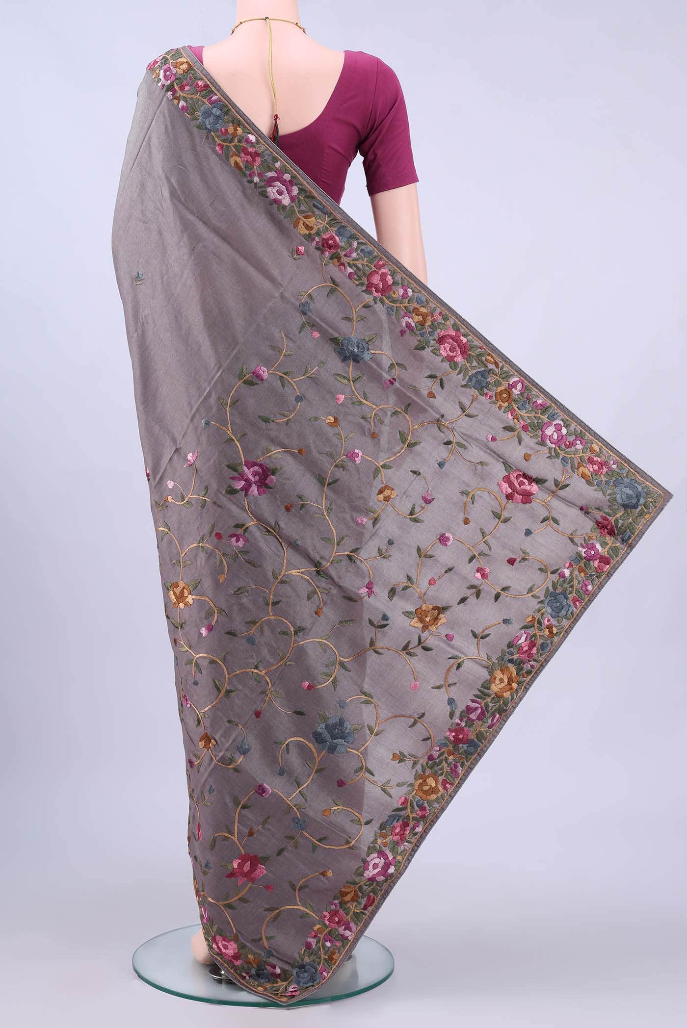 Davys Grey Parsi Embroidery Saree - Image 2