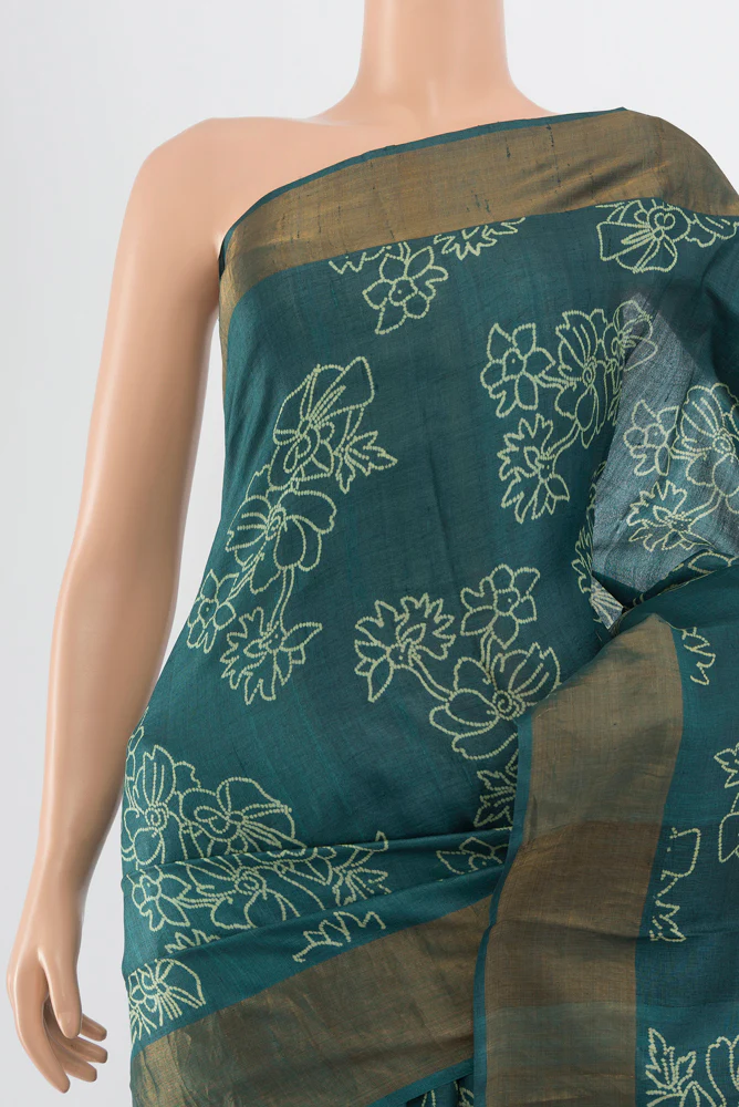 Teal Tussar Silk Saree - Image 2