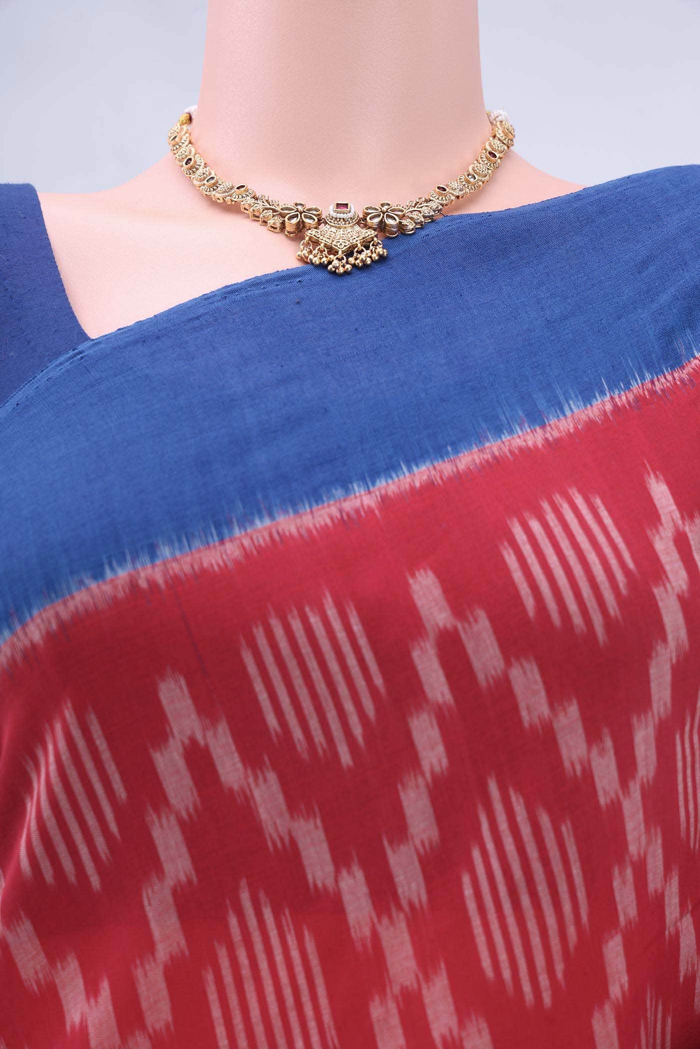 Deep Red Pochampally Cotton Saree - Image 3