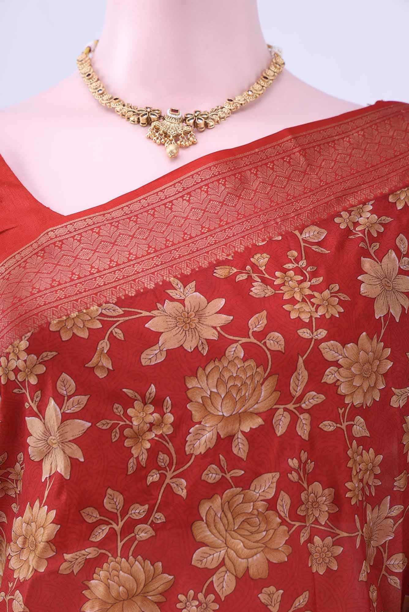 Deep Red Printed Silk Saree - Image 2