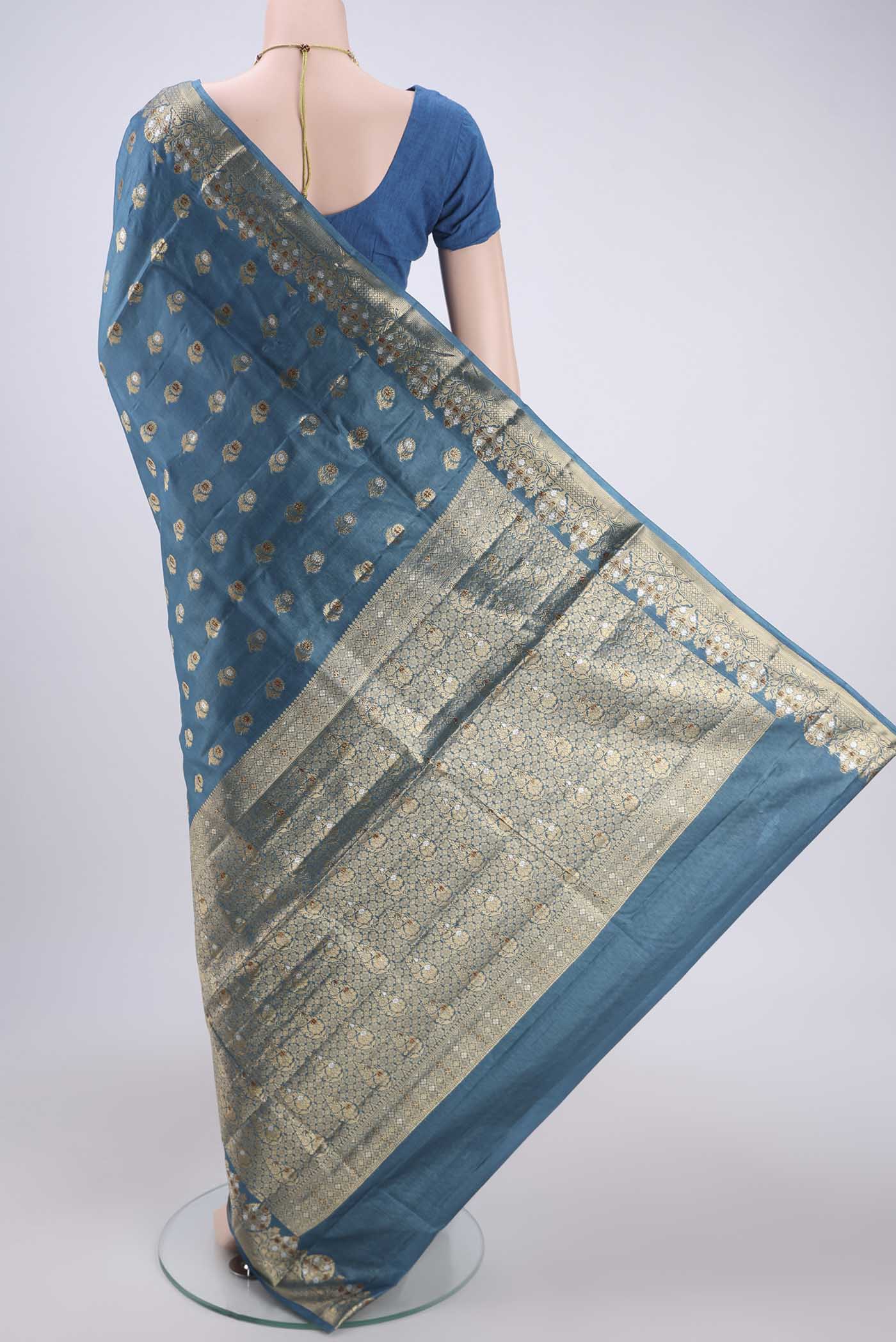 Electric Blue Banarasi Tussar Silk Saree - Image 3