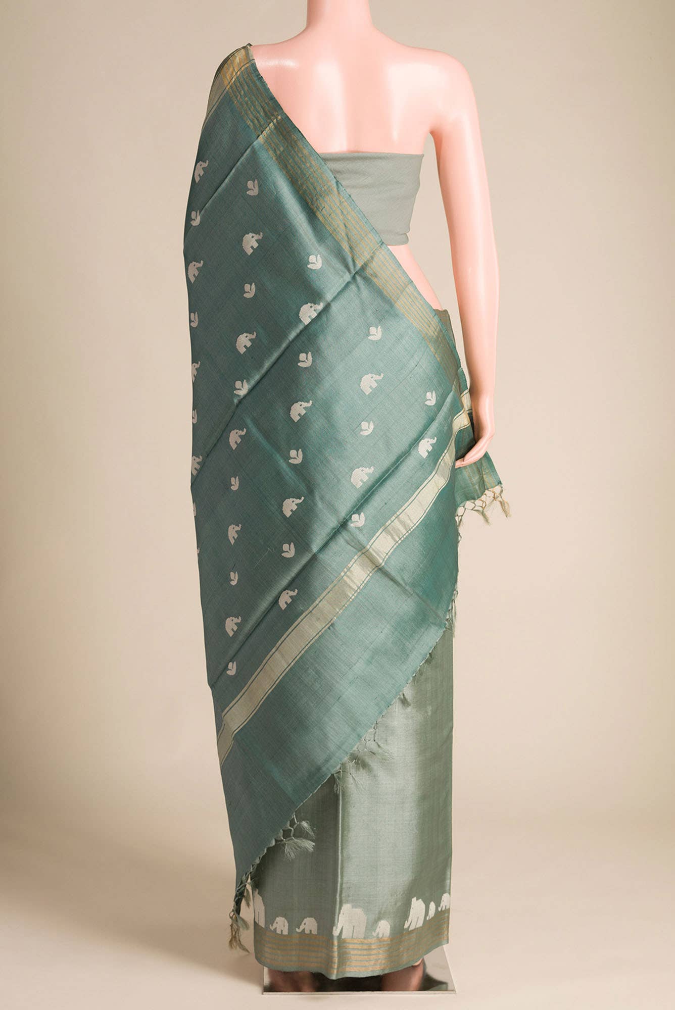 Elephant Whispers-Green Bhagalpuri Tussar Silk Saree - Image 4