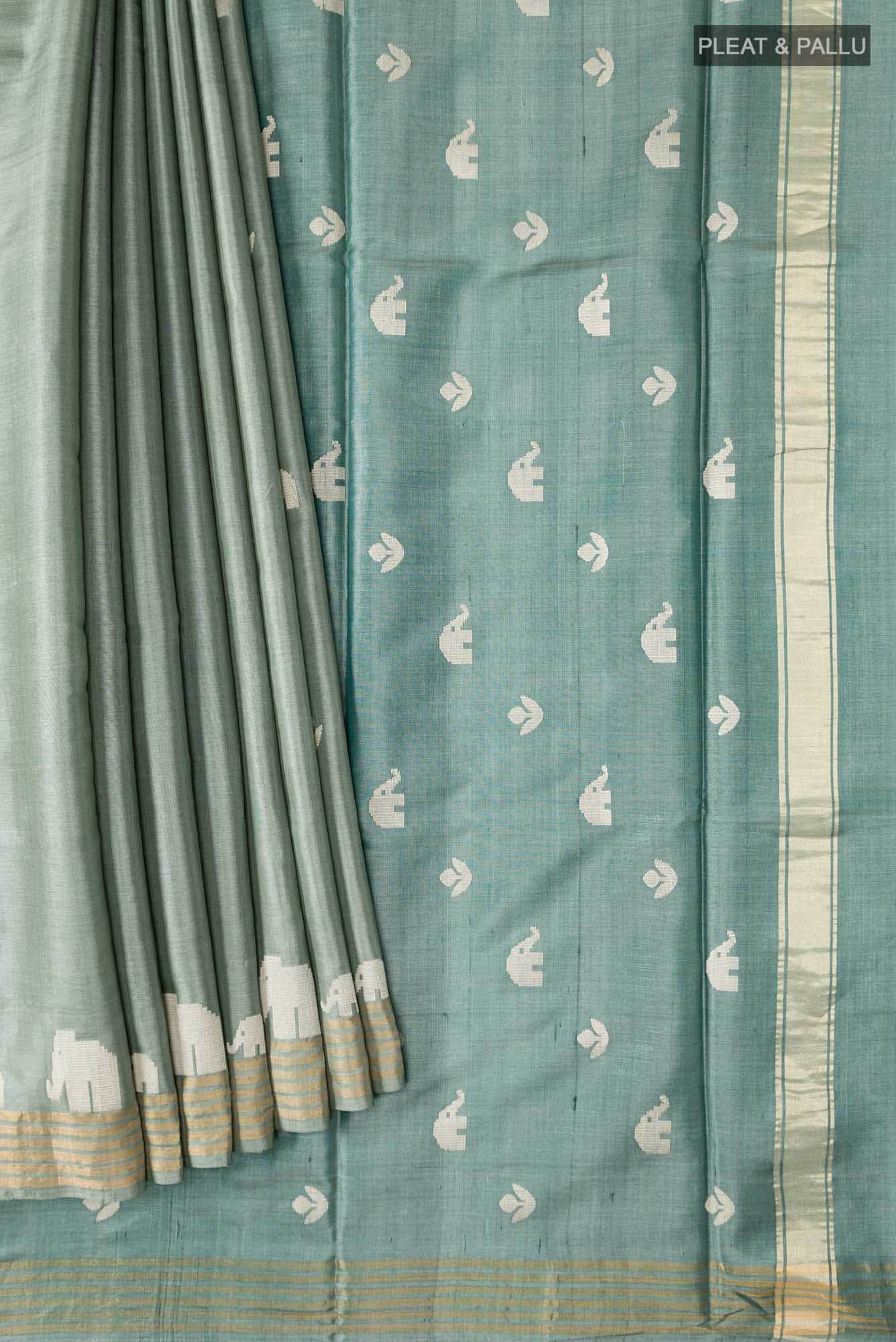 Elephant Whispers-Green Bhagalpuri Tussar Silk Saree - Image 6