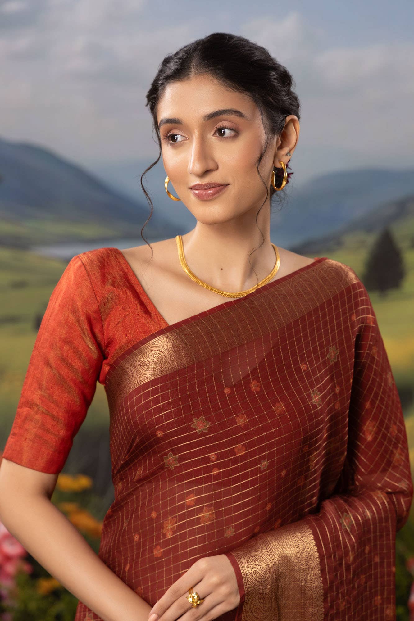 Ember-Red Organza Silk Saree - Image 2