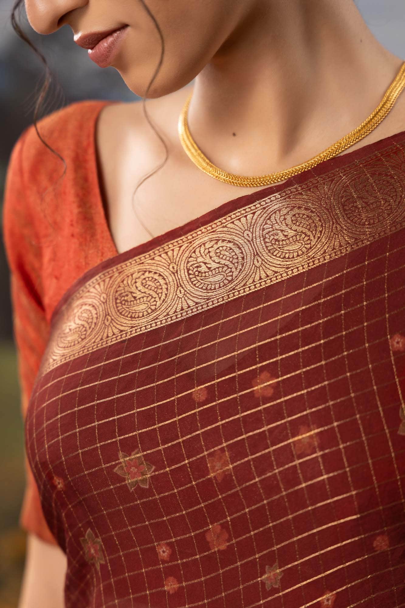Ember-Red Organza Silk Saree - Image 3