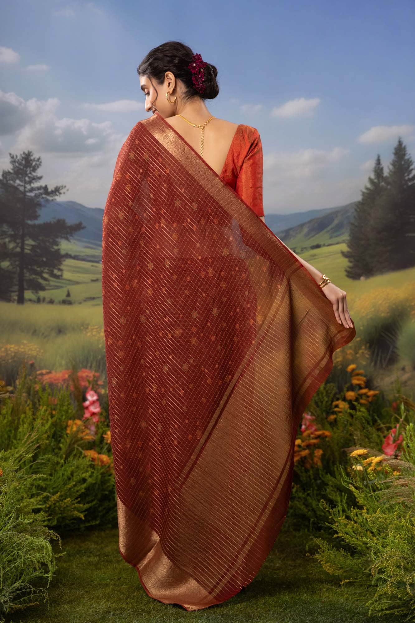 Ember-Red Organza Silk Saree - Image 4