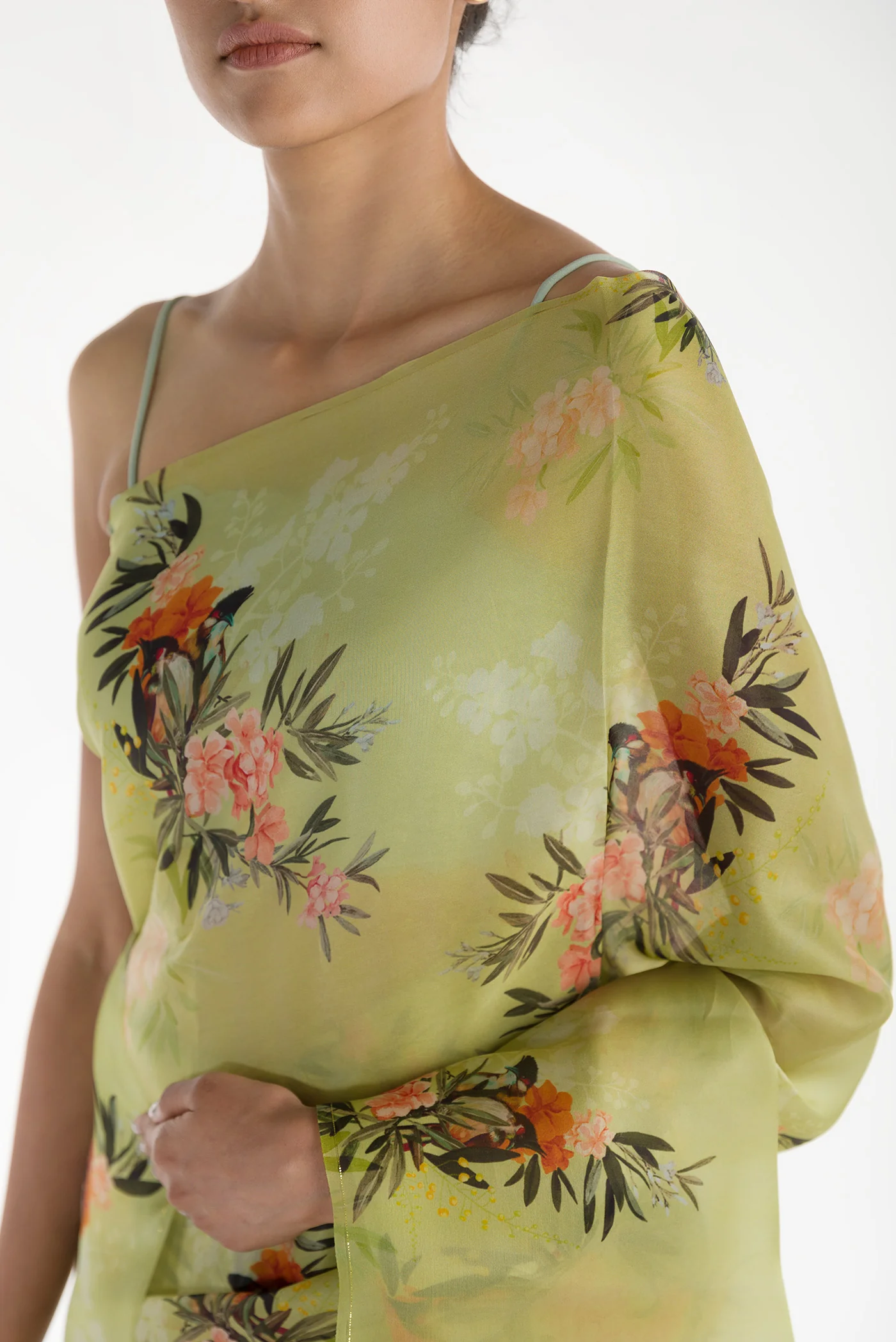 Enigmatic Bulbuls-Pista Green Satin Organza Saree - Image 2