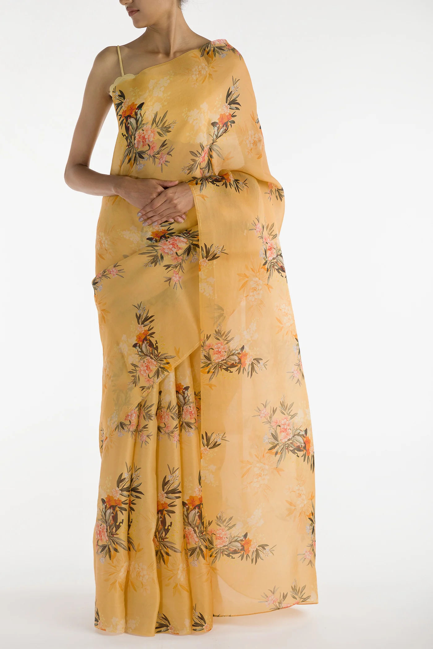 Enigmatic Bulbuls- Yellow Satin Organza Saree