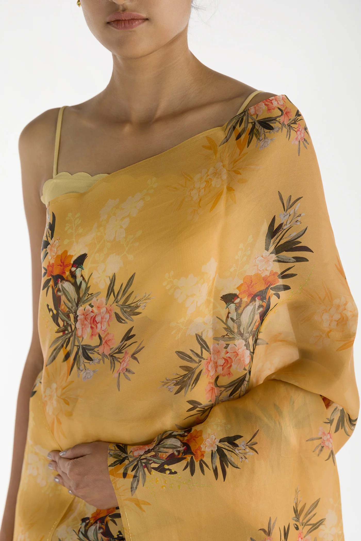 Enigmatic Bulbuls- Yellow Satin Organza Saree - Image 2