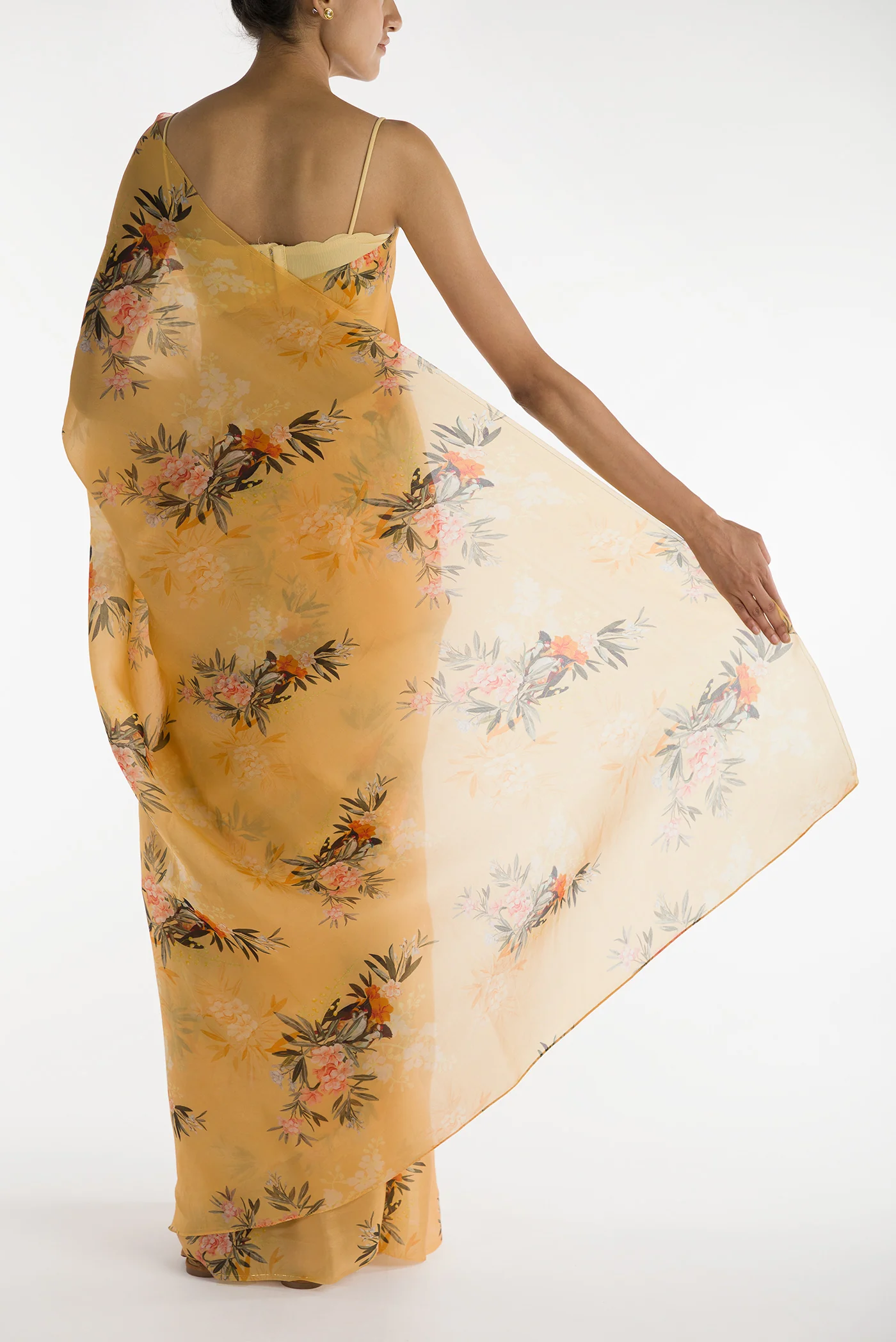 Enigmatic Bulbuls- Yellow Satin Organza Saree - Image 3