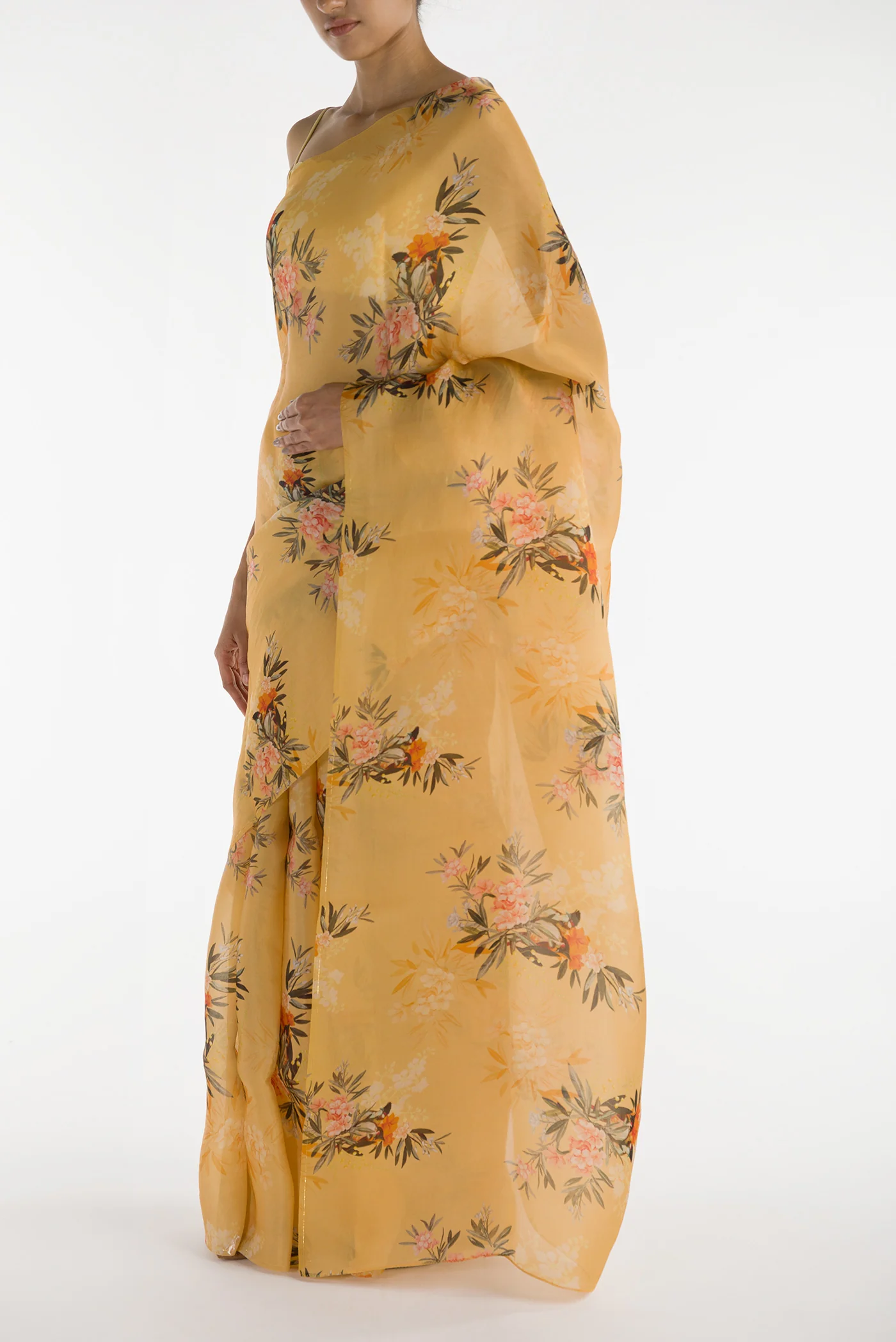 Enigmatic Bulbuls- Yellow Satin Organza Saree - Image 4