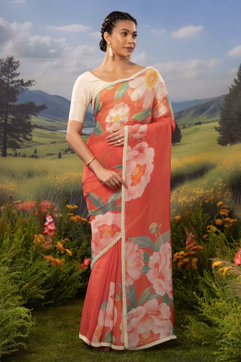 Flaming Peonies-Orange Organza Silk Saree - Image 2