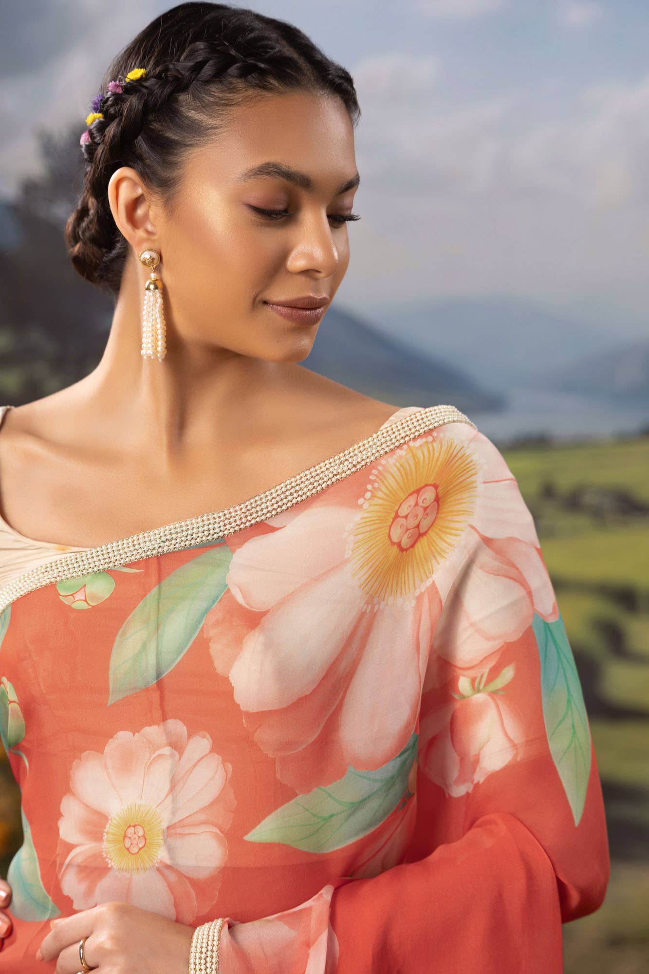 Flaming Peonies-Orange Organza Silk Saree - Image 3