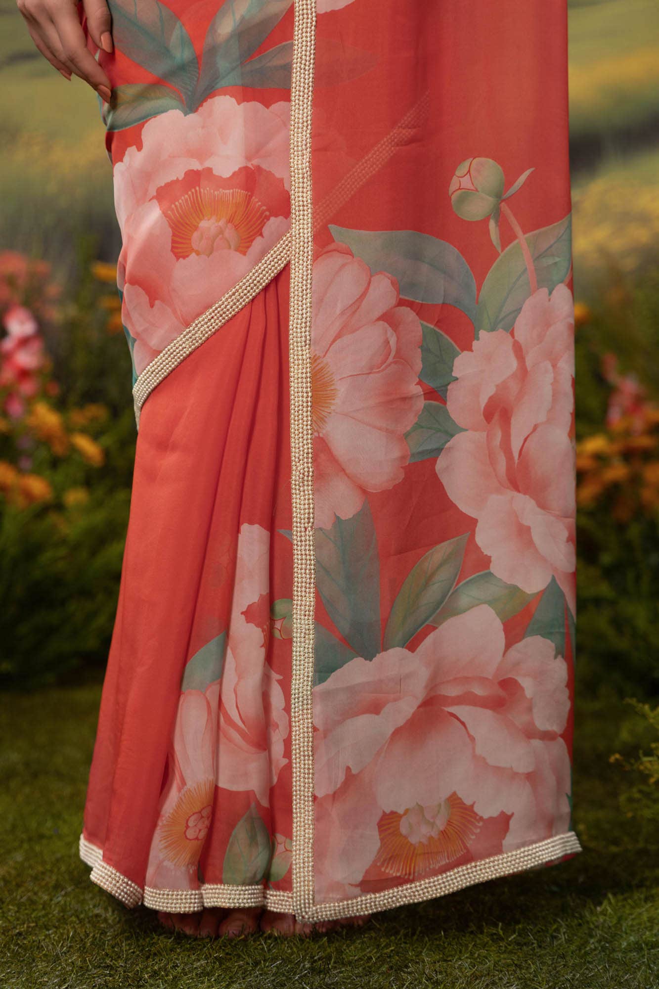 Flaming Peonies-Orange Organza Silk Saree - Image 4