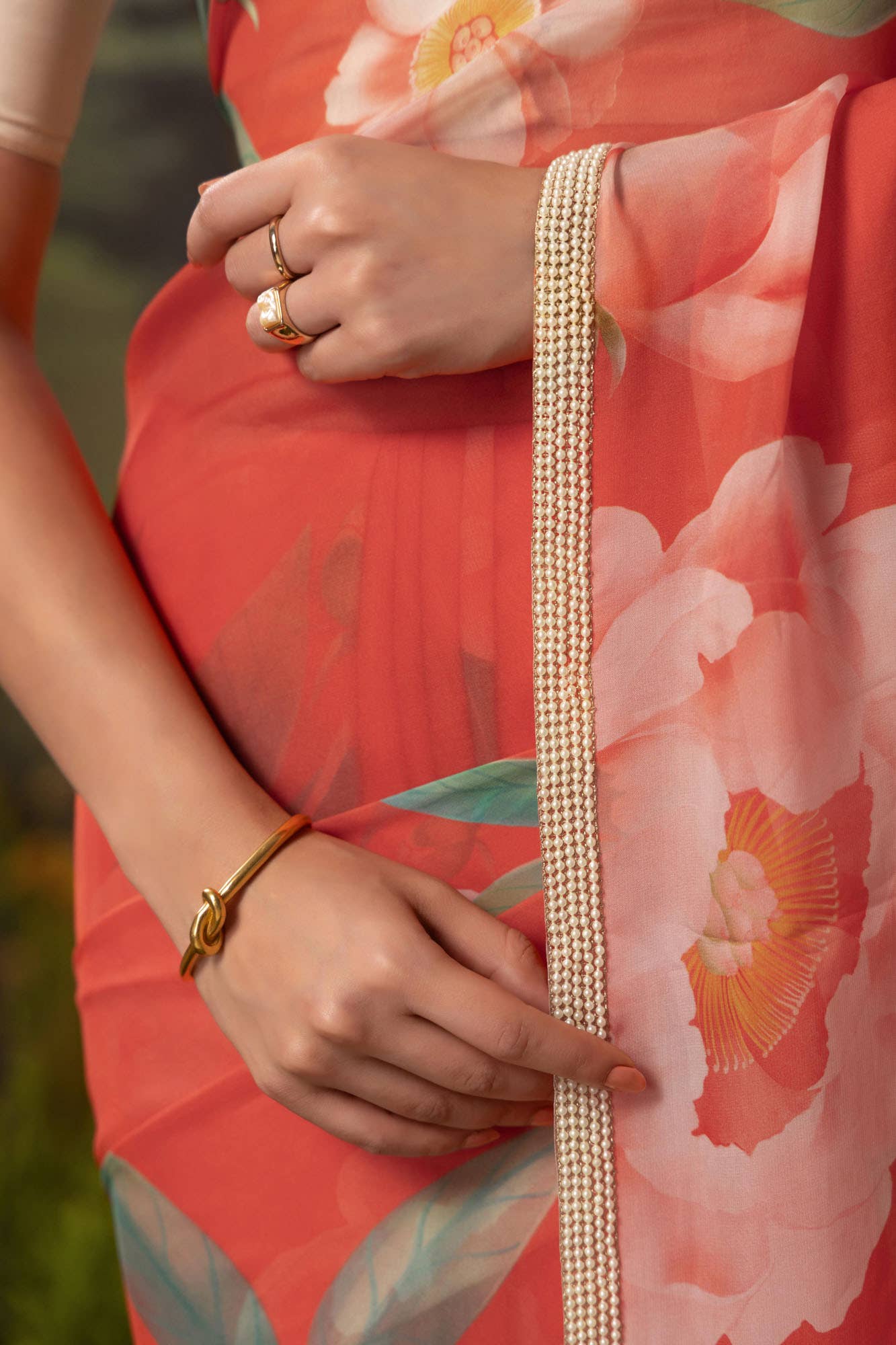 Flaming Peonies-Orange Organza Silk Saree - Image 5