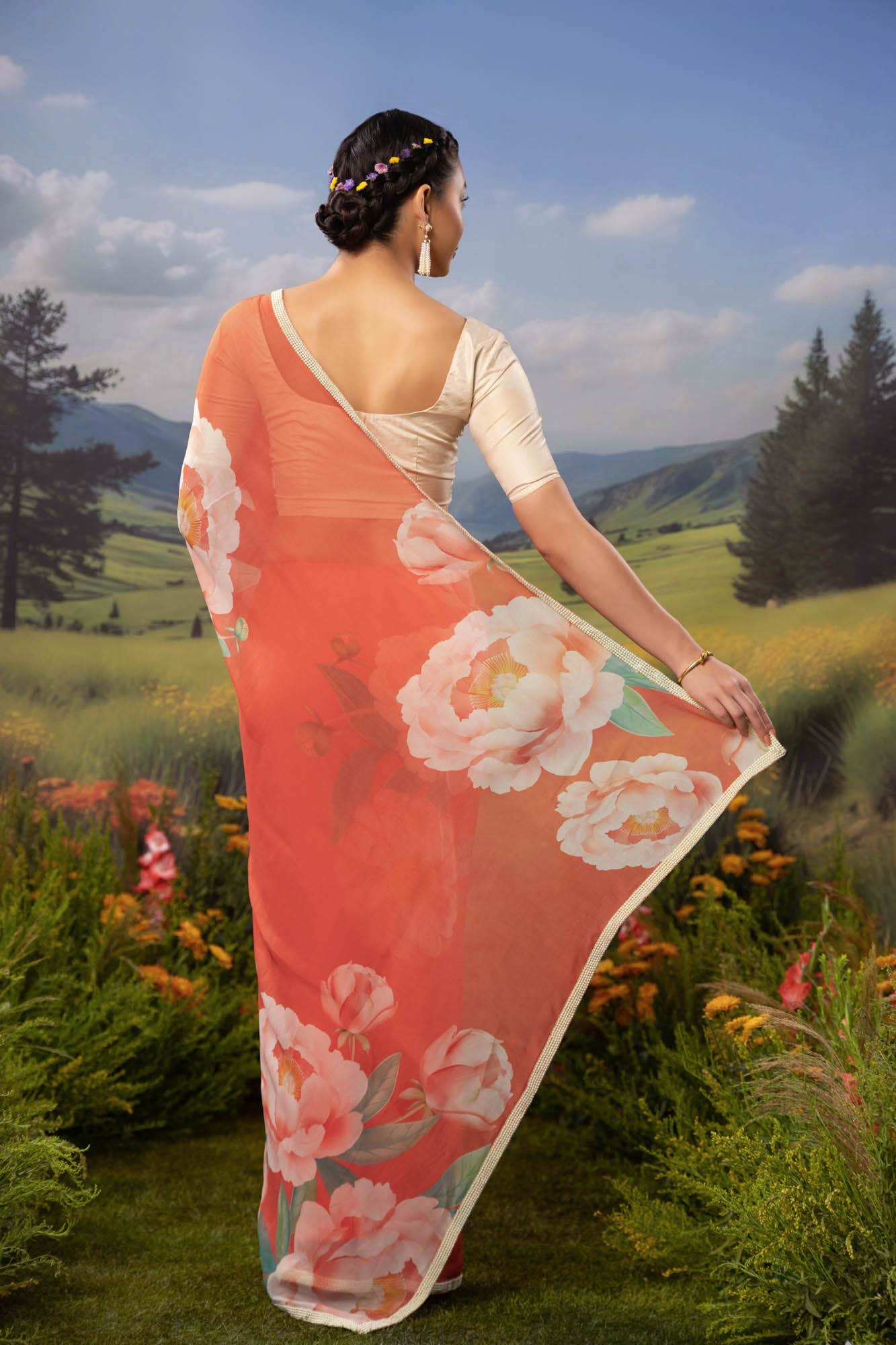 Flaming Peonies-Orange Organza Silk Saree - Image 6