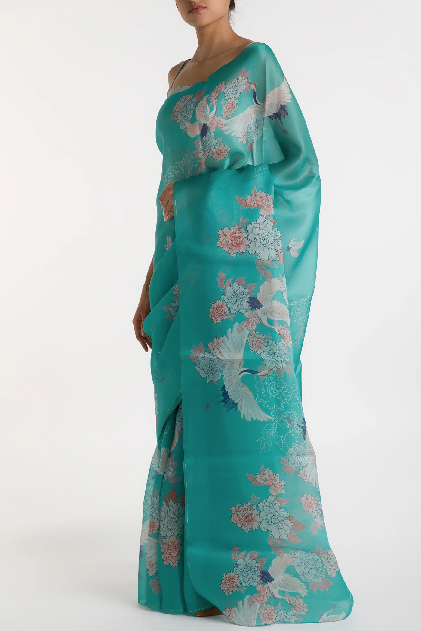Flying Cranes-Light Blue Satin Organza Saree - Image 4