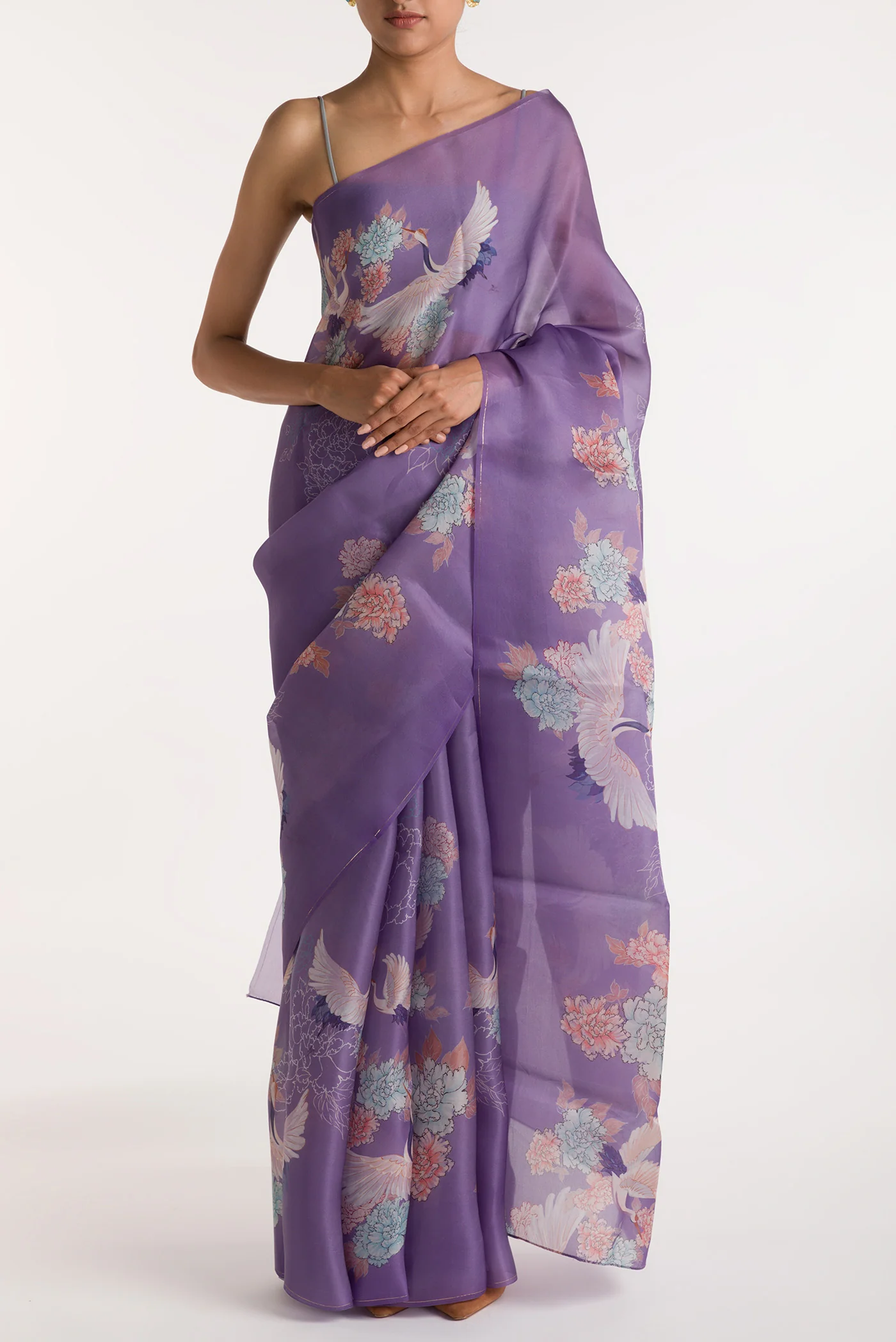 Flying Cranes-Lilac Satin Organza Saree