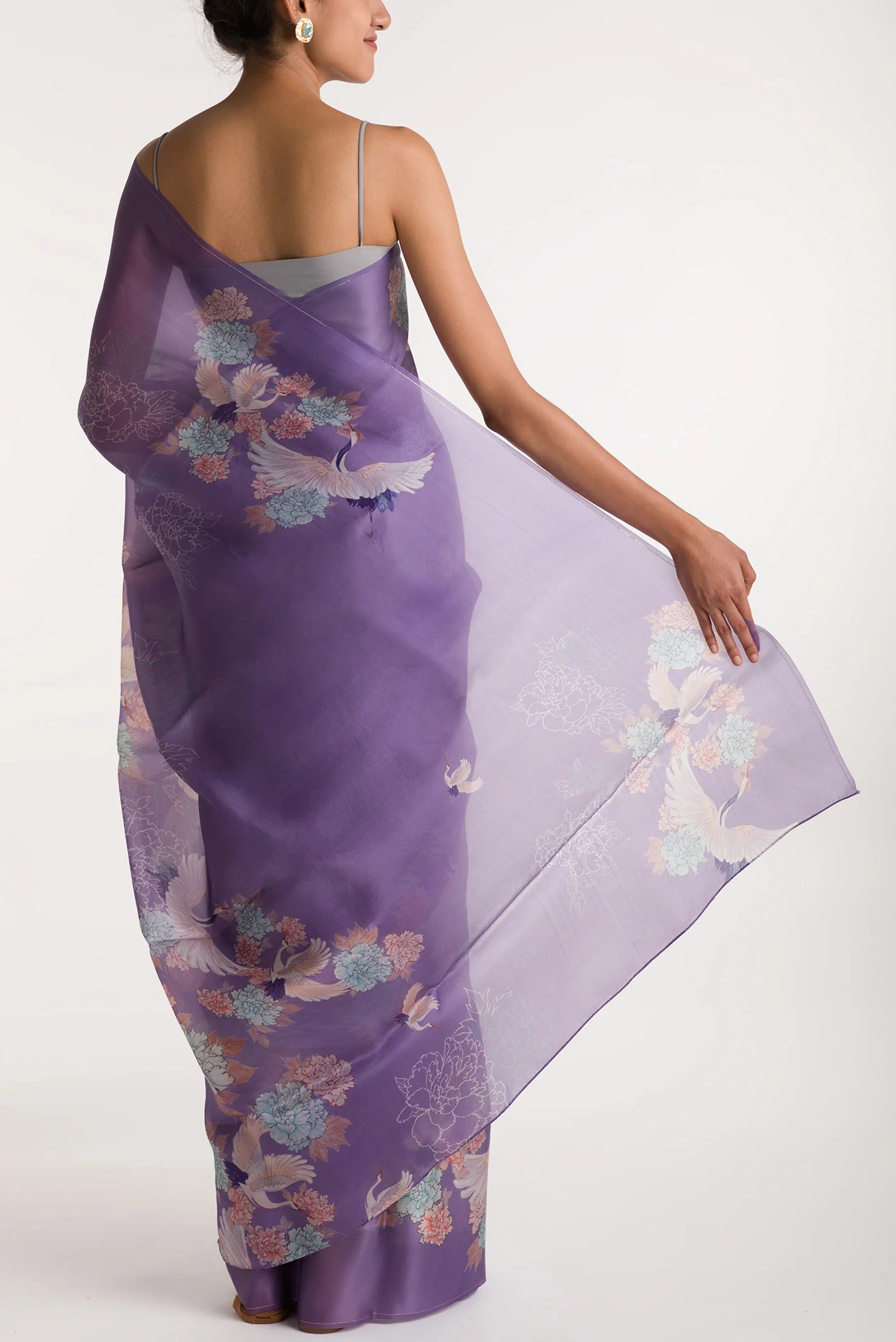 Flying Cranes-Lilac Satin Organza Saree - Image 3