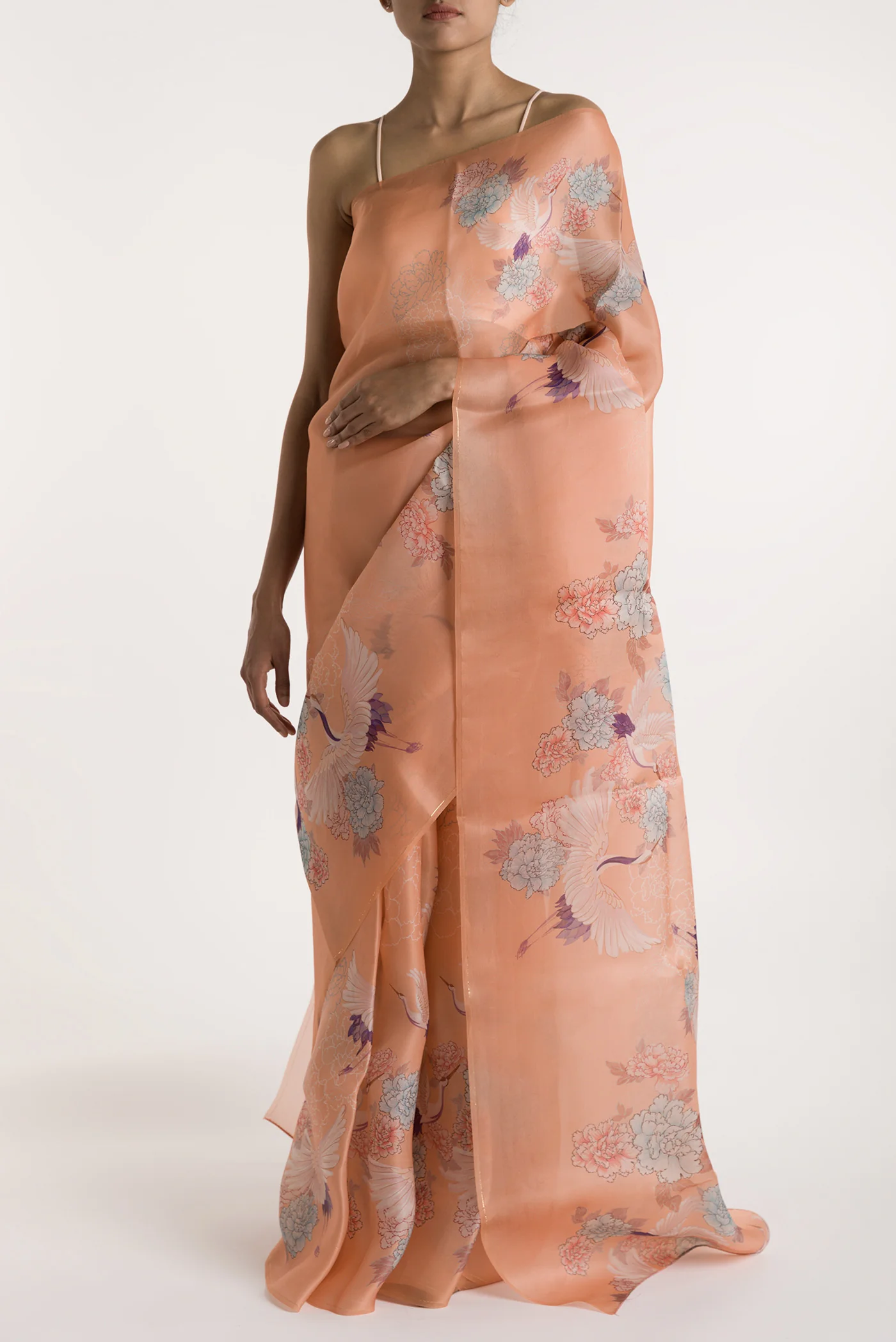 Flying Cranes-Peach Satin Organza Saree