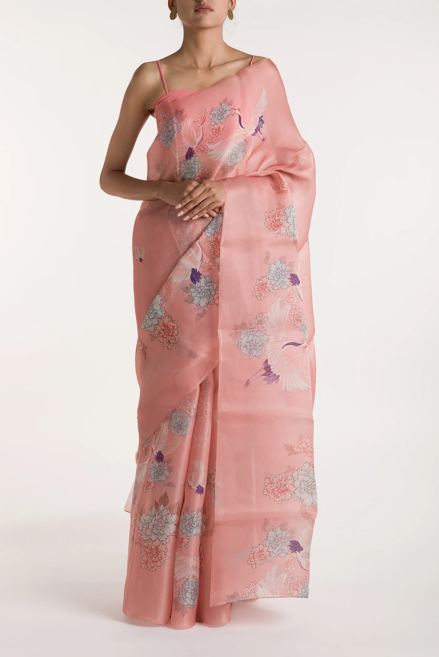 Flying Cranes-Pink Satin Organza Saree