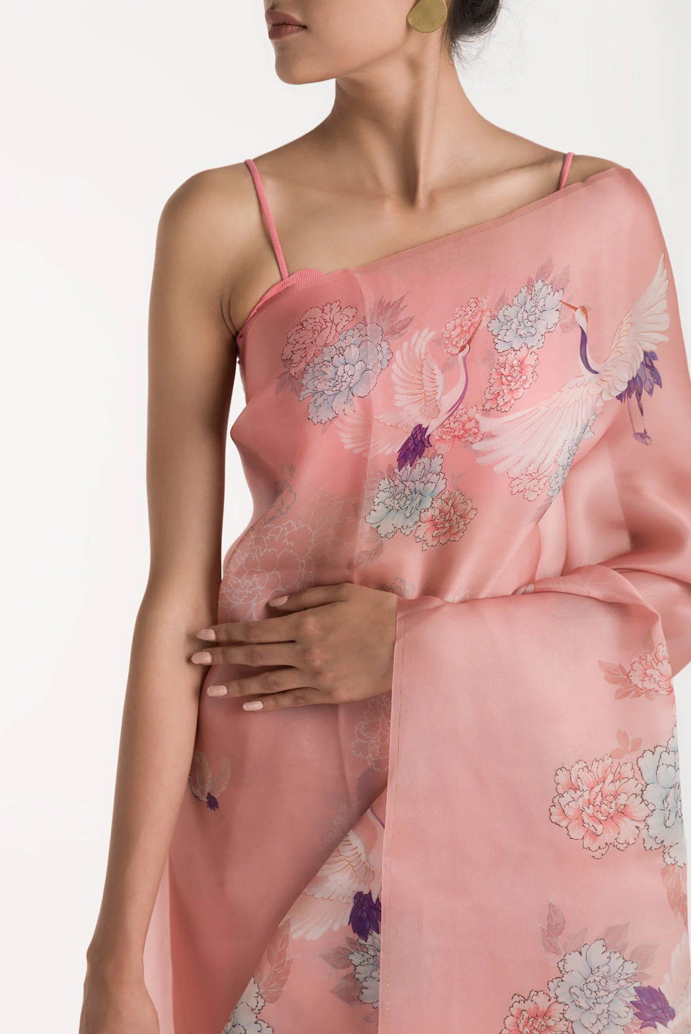 Flying Cranes-Pink Satin Organza Saree - Image 2