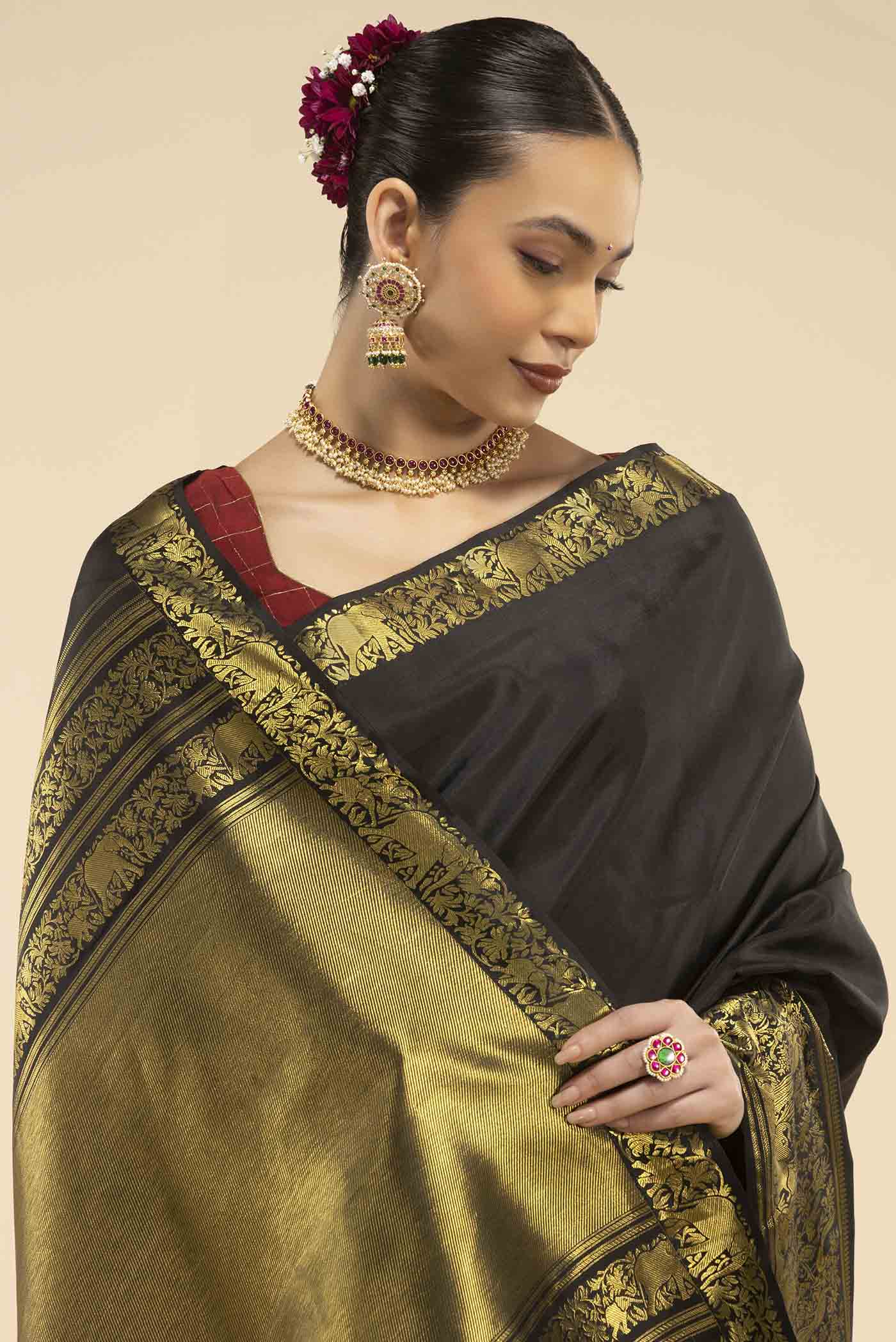 Gajagamini-Black Kanchipuram Silk Saree - Image 2