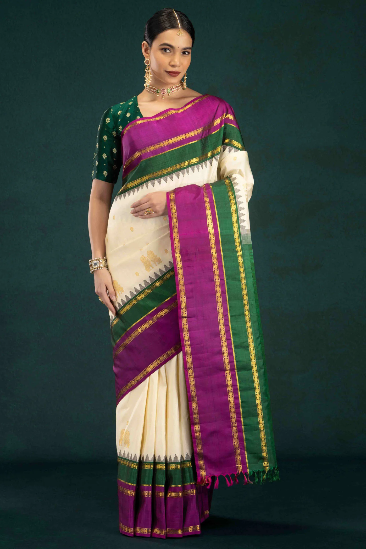 Gauri-Off White Kanchipuram Silk Saree - Image 2