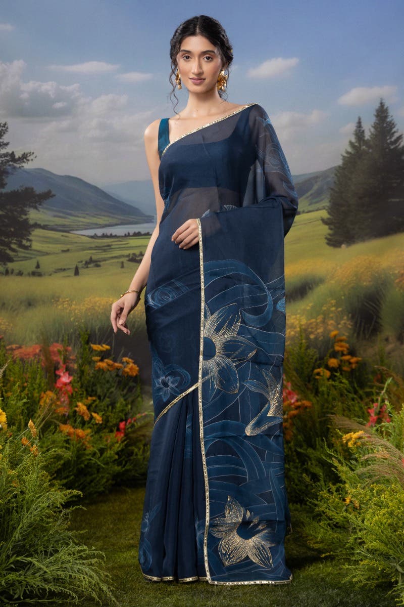 Gilded Daffodils-Blue Organza Silk Saree - Image 2