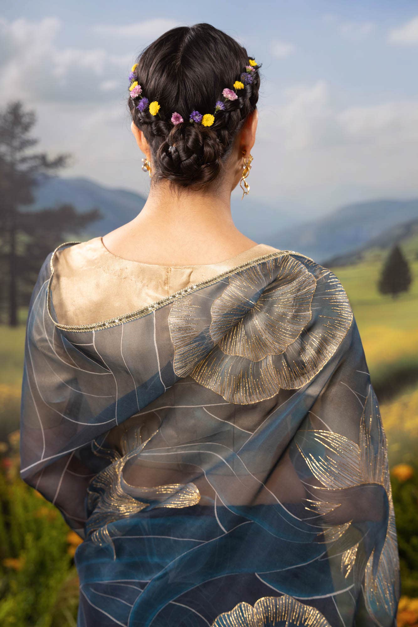 Gilded Daffodils-Blue Pure Organza Silk Saree - Image 5
