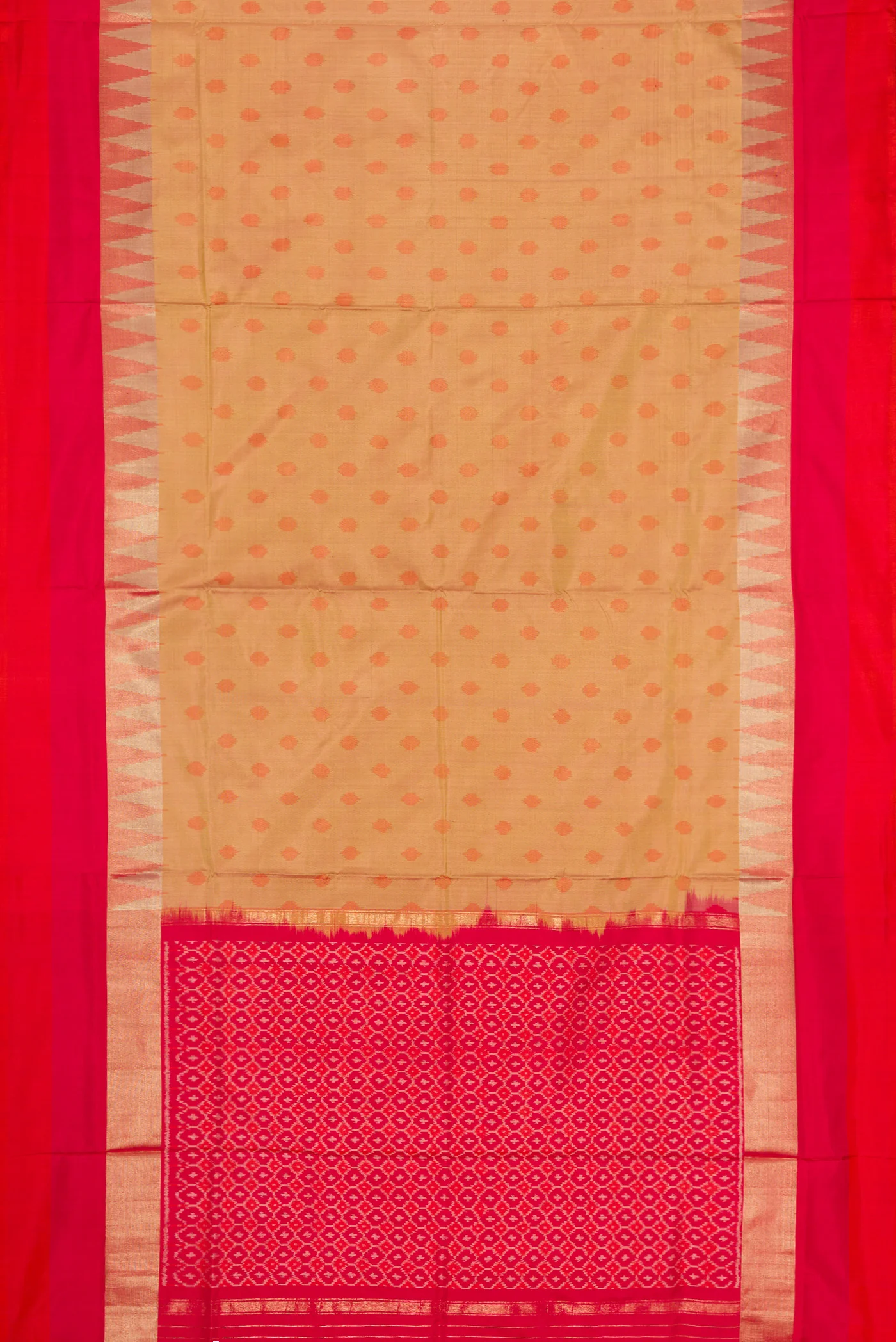 Gold with Orange Color Pochampally Silk Saree - Image 6