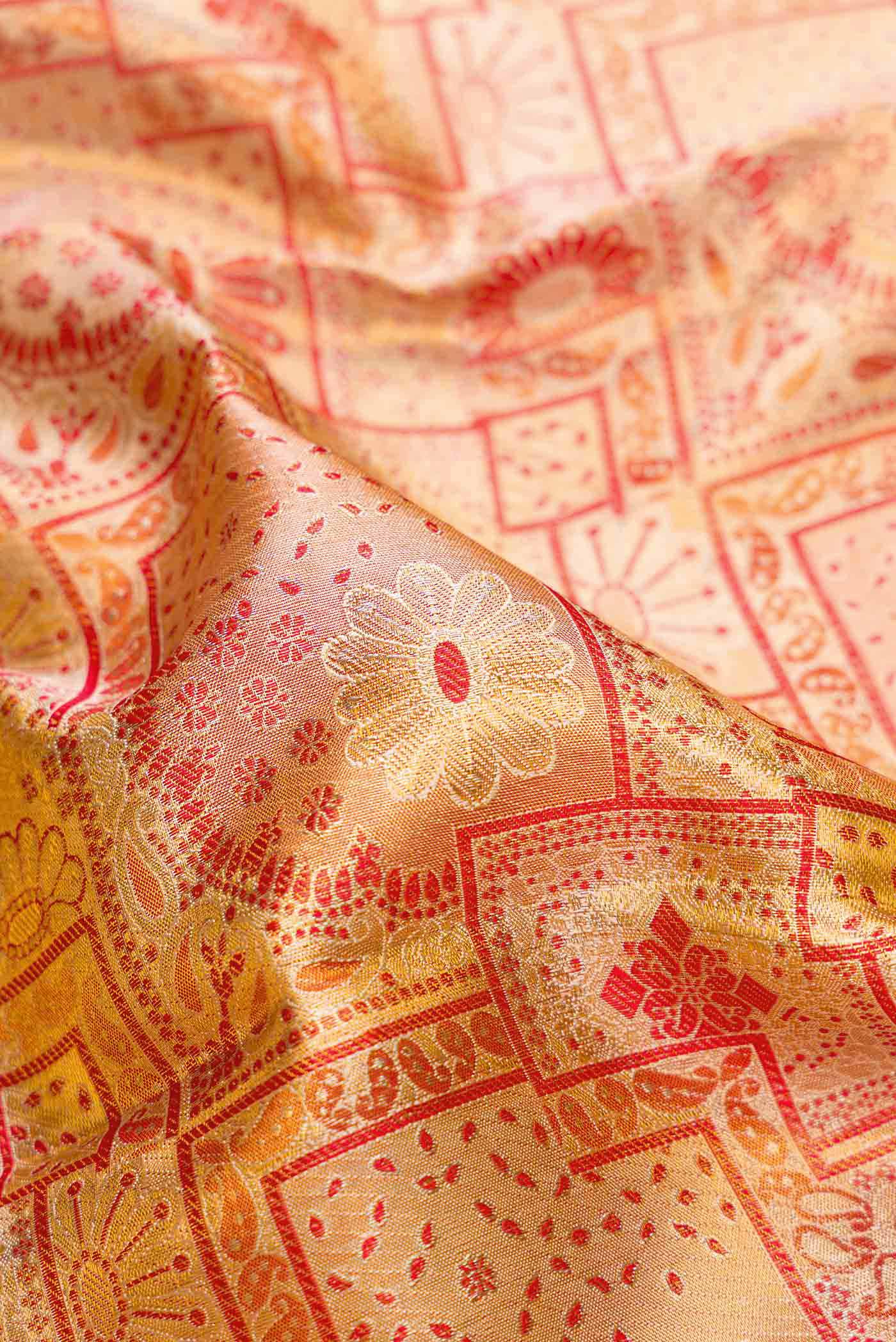 Gold with Red Color Kanchipuram Tissue Silk Saree - Image 2
