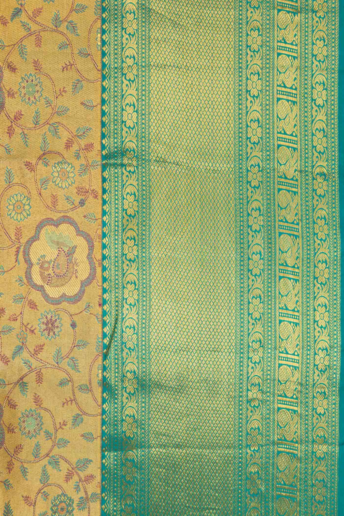 Yellow with Blue Color Kanchipuram Tissue Silk Saree - Image 3