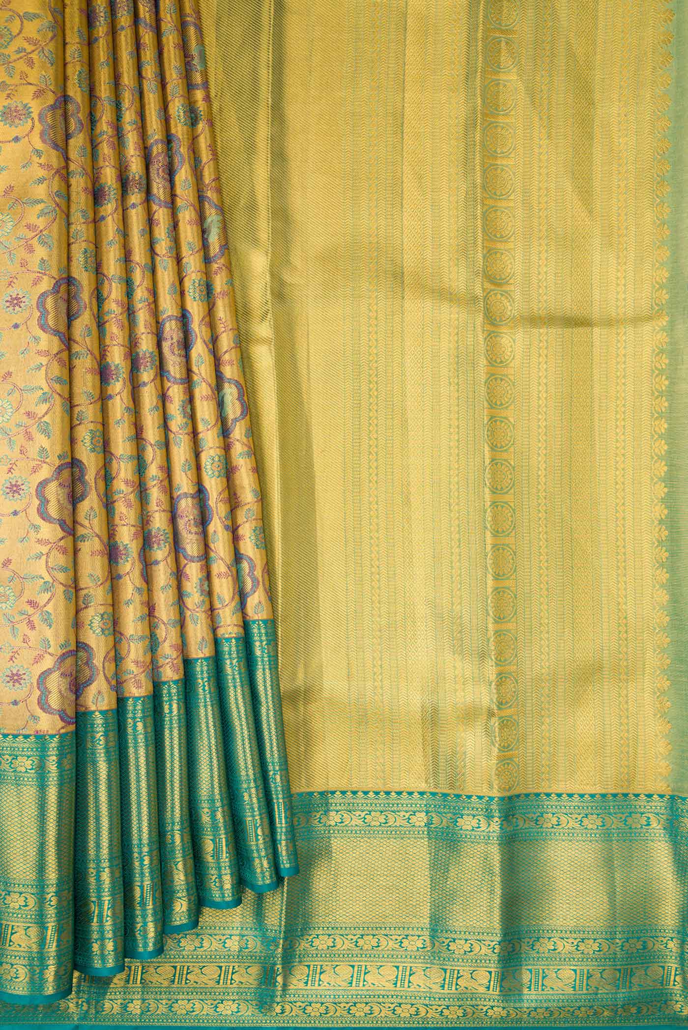 Yellow with Blue Color Kanchipuram Tissue Silk Saree - Image 4
