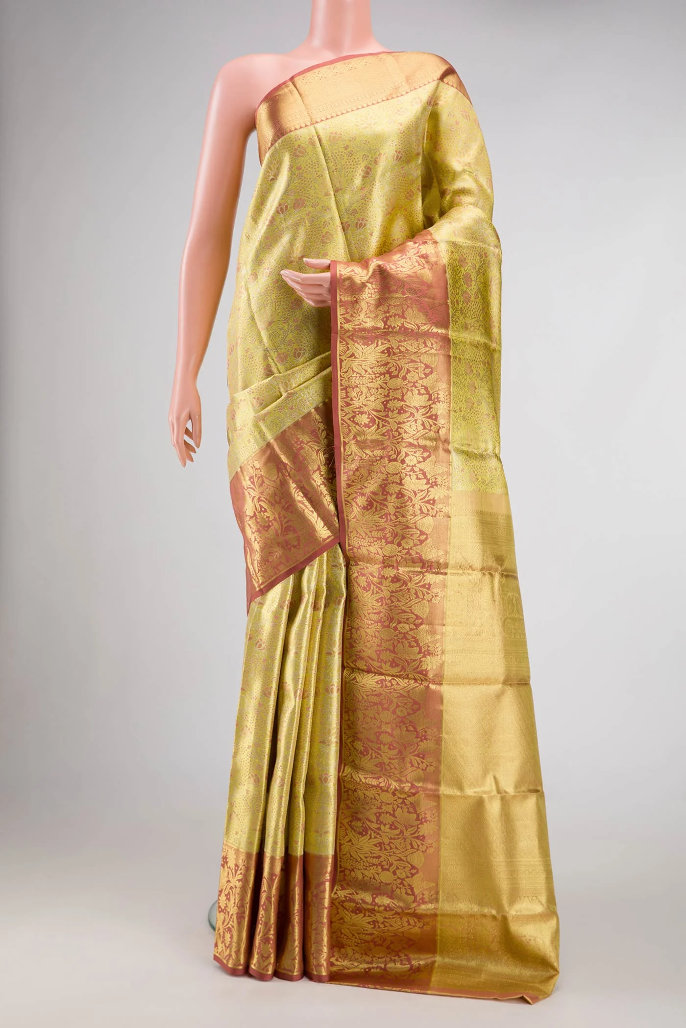 Lemon Yellow Dual Tone Kanchipuram Tissue Silk Saree