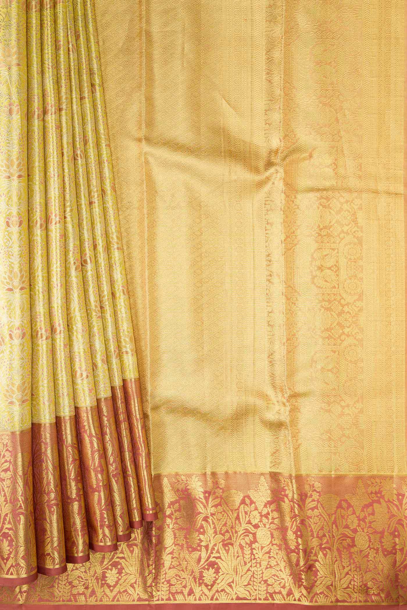 Lemon Yellow Dual Tone Kanchipuram Tissue Silk Saree - Image 4