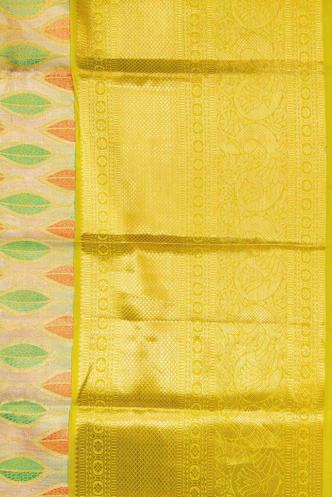 Gold ,Green and Pink Color Kanchipuram Tissue Silk Saree - Image 3