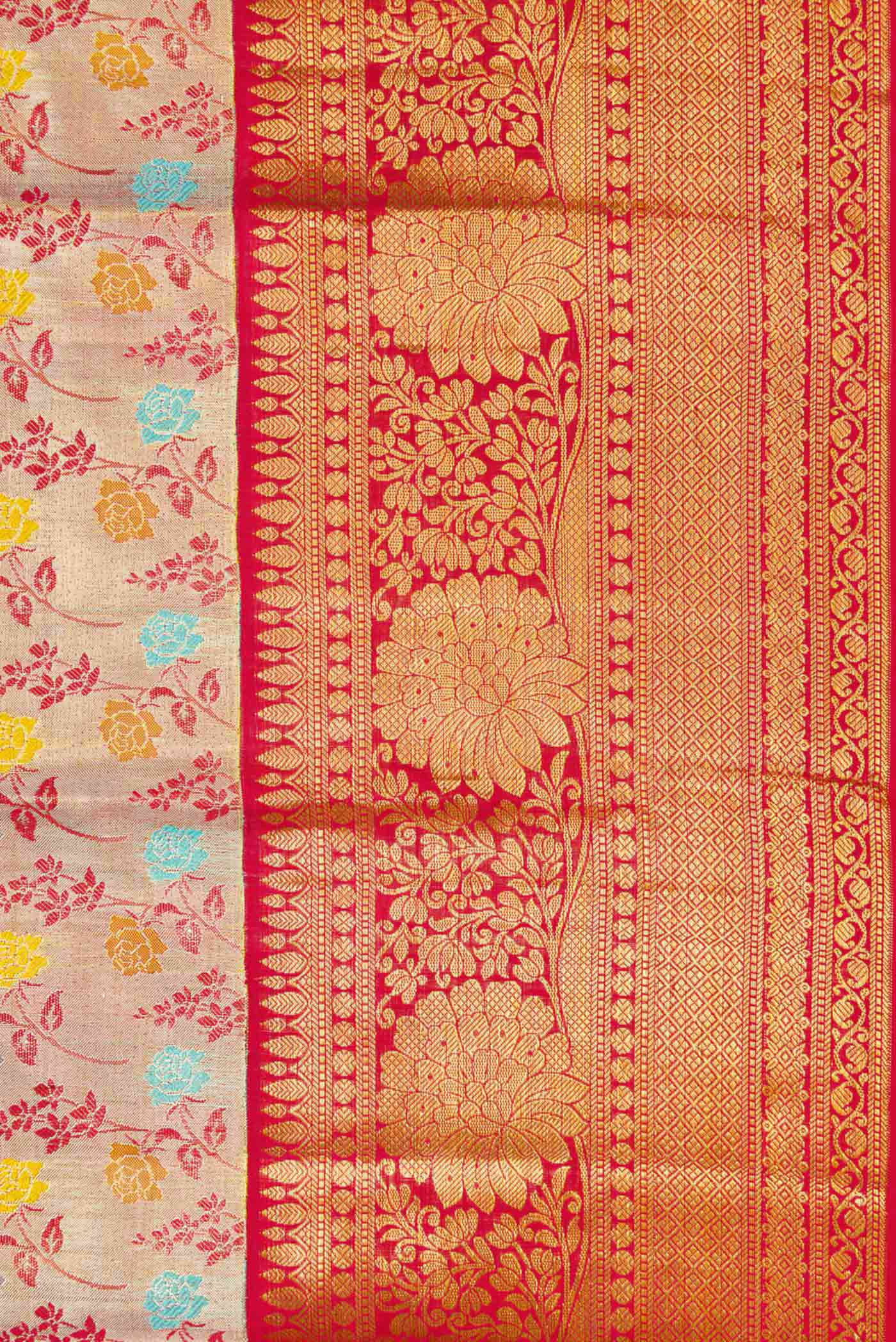Gold with Red Color Kanchipuram Tissue Silk Saree - Image 3