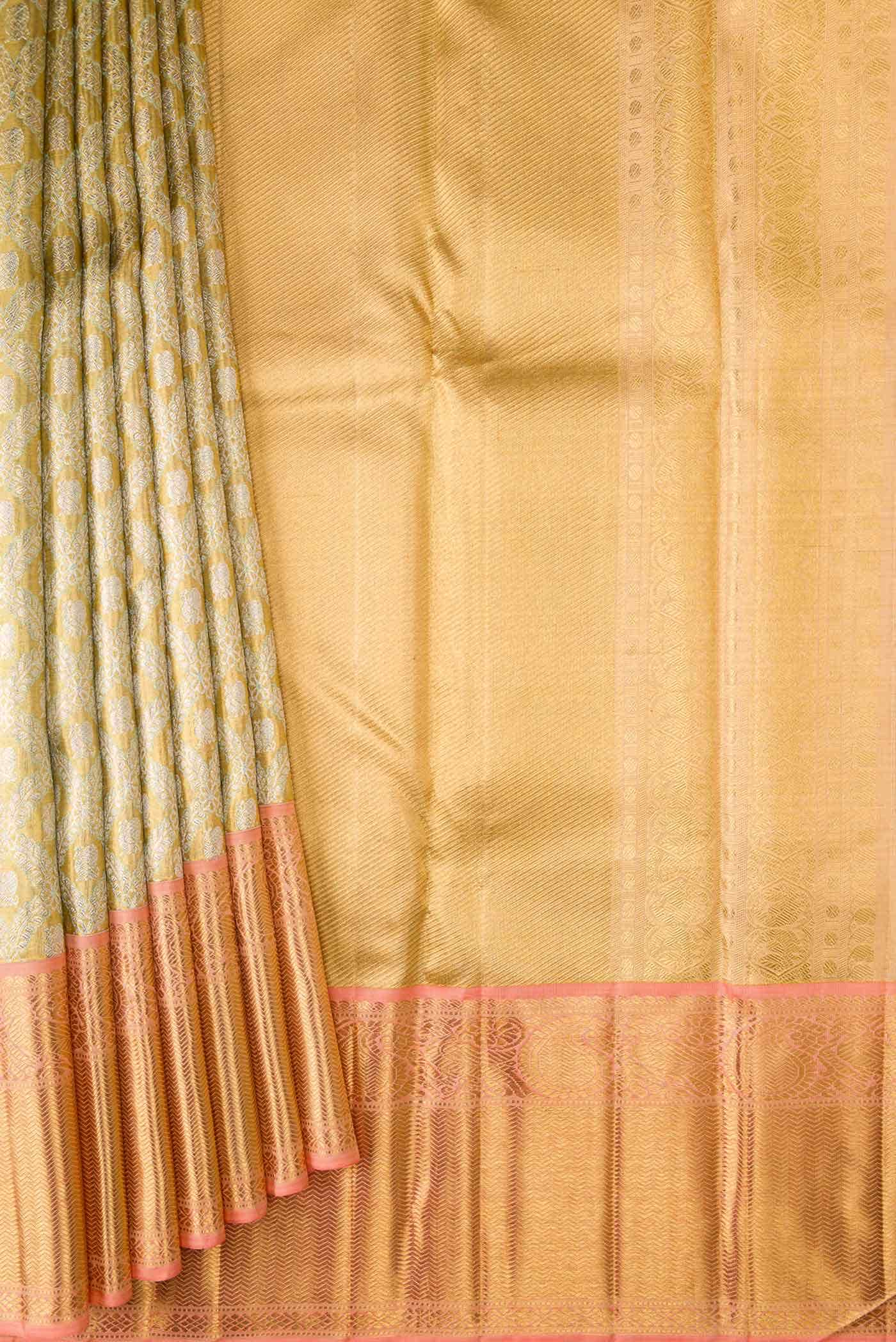 Pure Silk Pure Zari Gold Dual Tone Kanjivaram Tissue Saree - Image 2