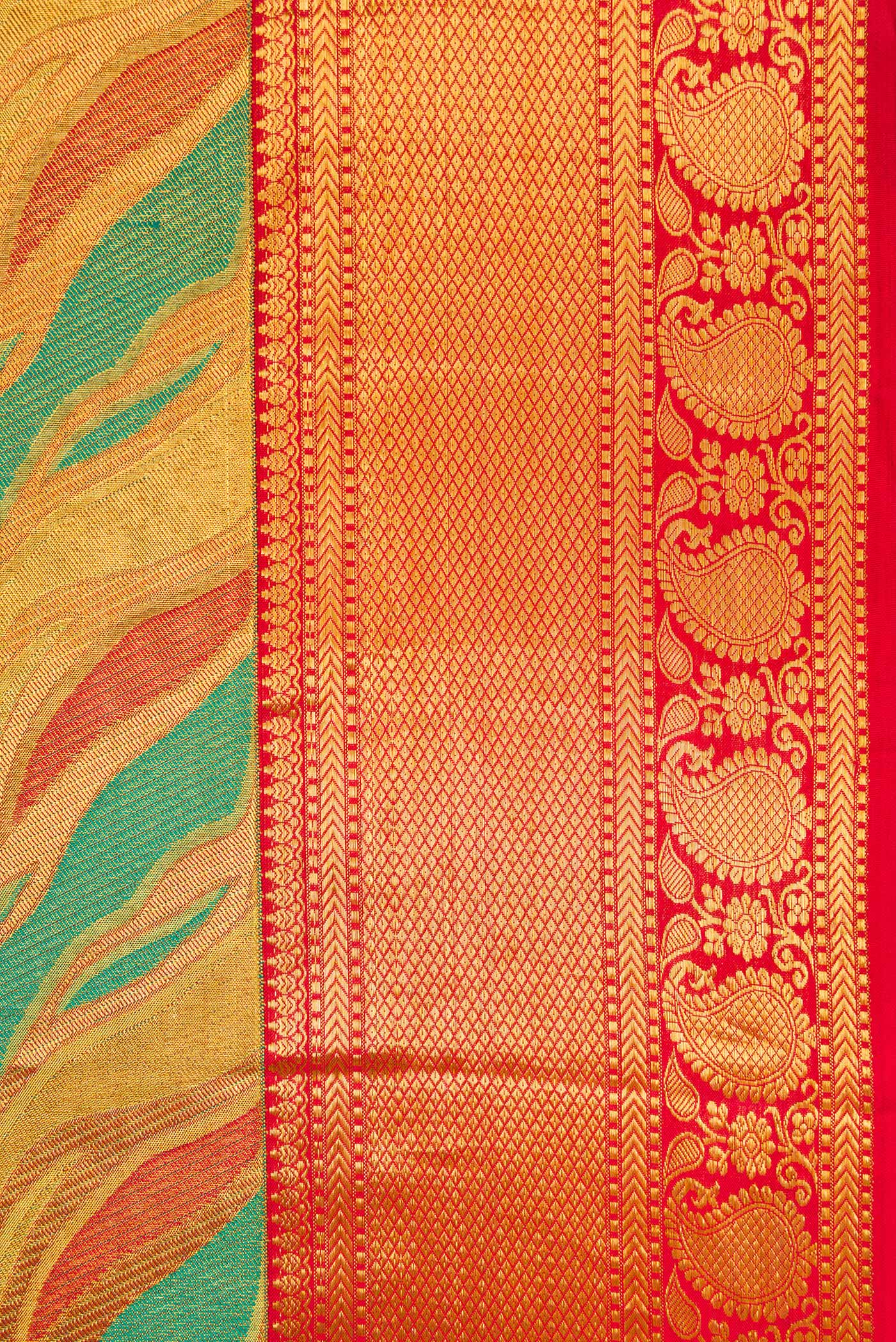 Golden and Teal Color Kanjivaram Tissue Silk Saree - Image 3