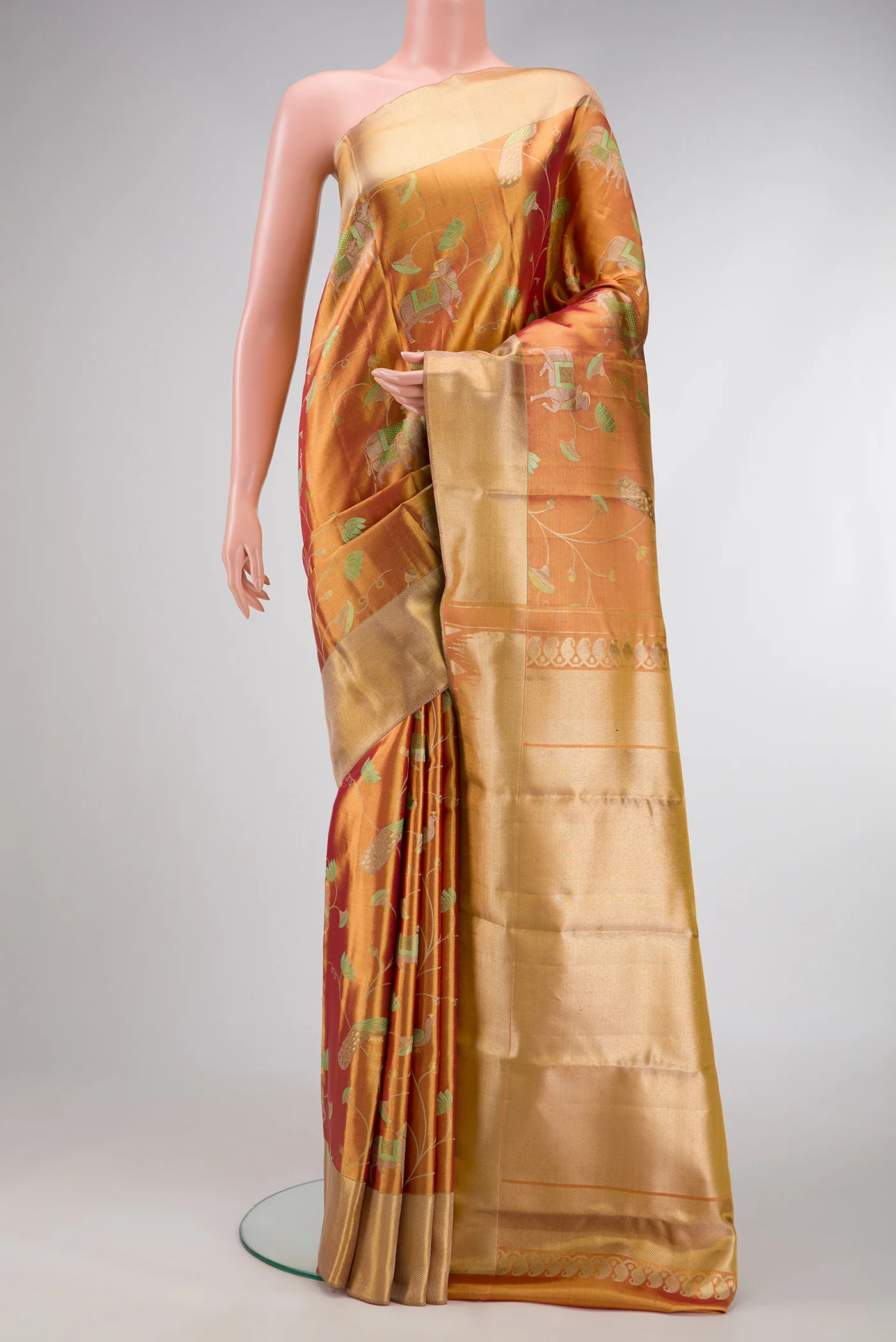 Mustard with Gold Color Kanjivaram Tissue Silk Saree - Image 2